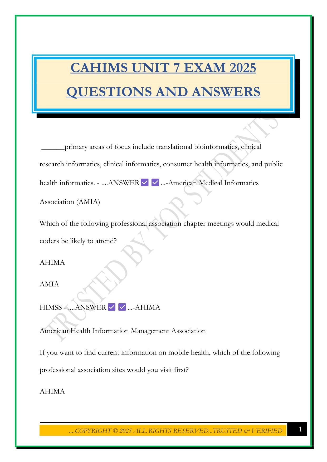 CAHIMS UNIT 7 EXAM 2025 QUESTIONS AND ANSWERS