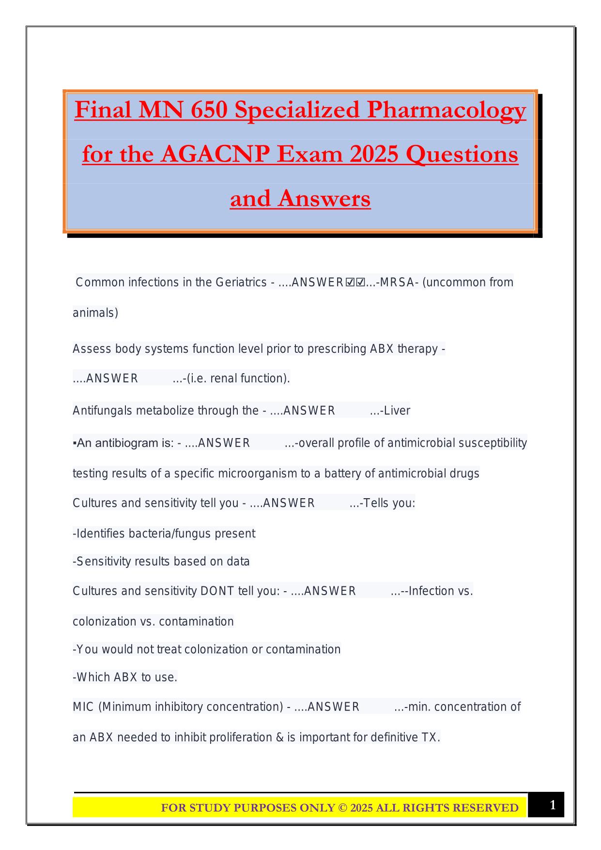 Final MN 650 Specialized Pharmacology for the AGACNP Exam 2025 Questions and Answers