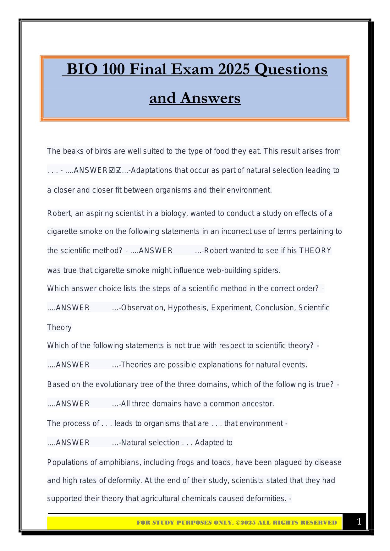 BIO 100 Final Exam 2025 Questions and Answers