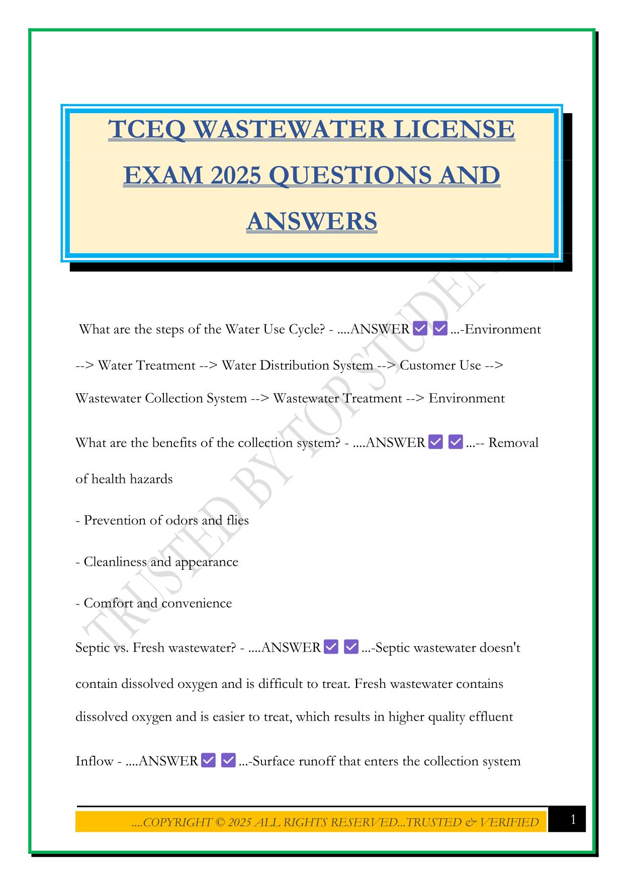 TCEQ WASTEWATER LICENSE EXAM 2025 QUESTIONS AND ANSWERS