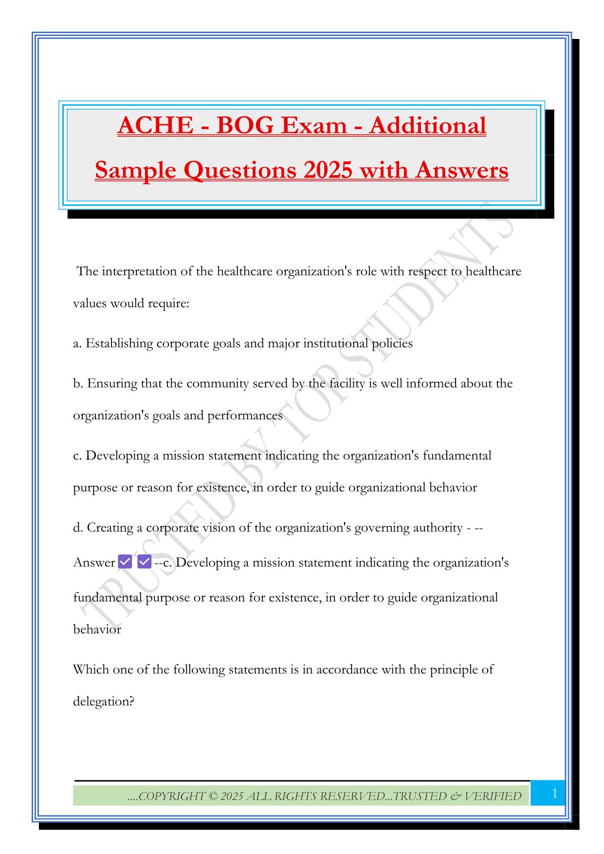 ACHE - BOG Exam - Additional Sample Questions 2025 with Answers