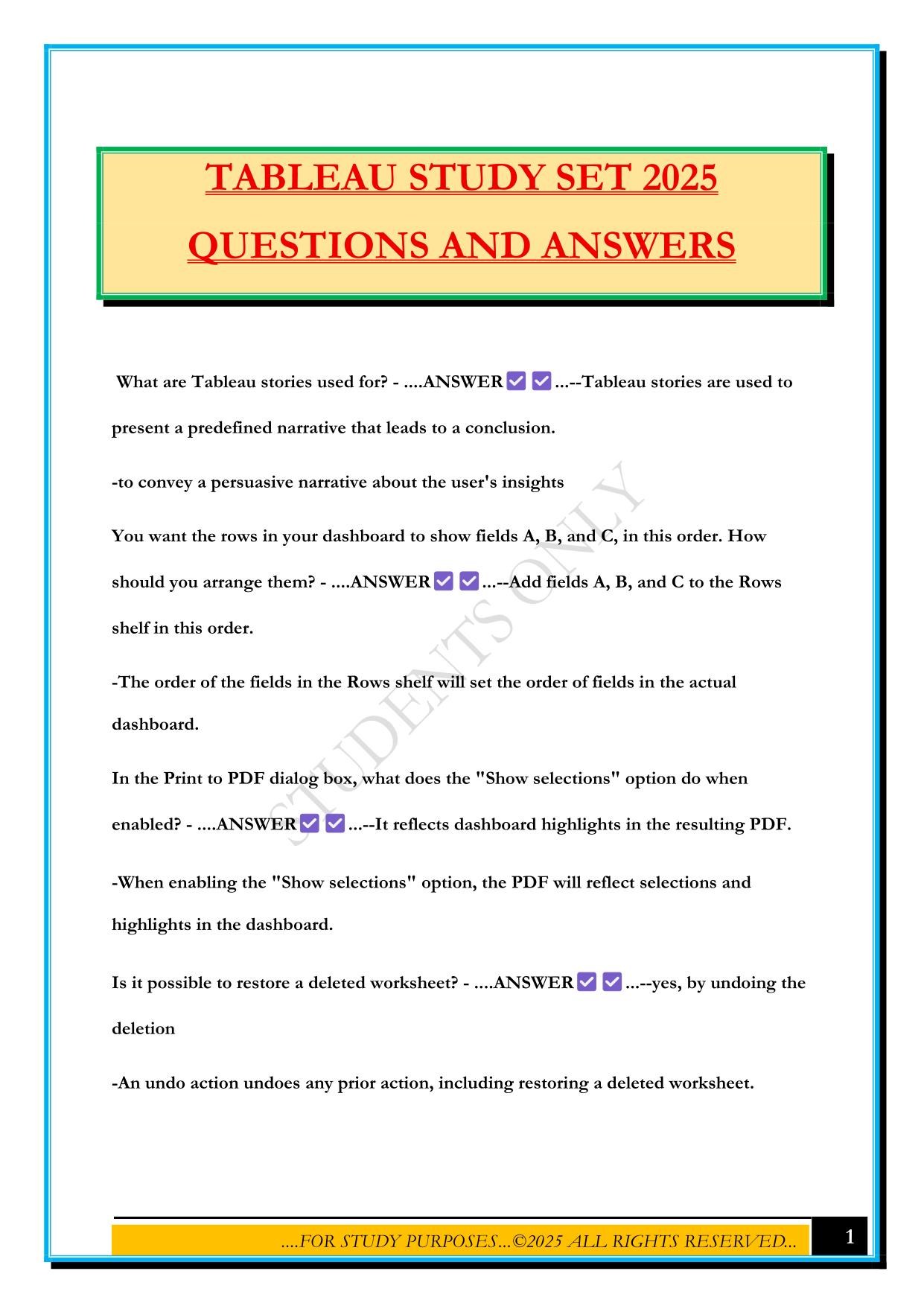 TABLEAU STUDY SET 2025 QUESTIONS AND ANSWERS
