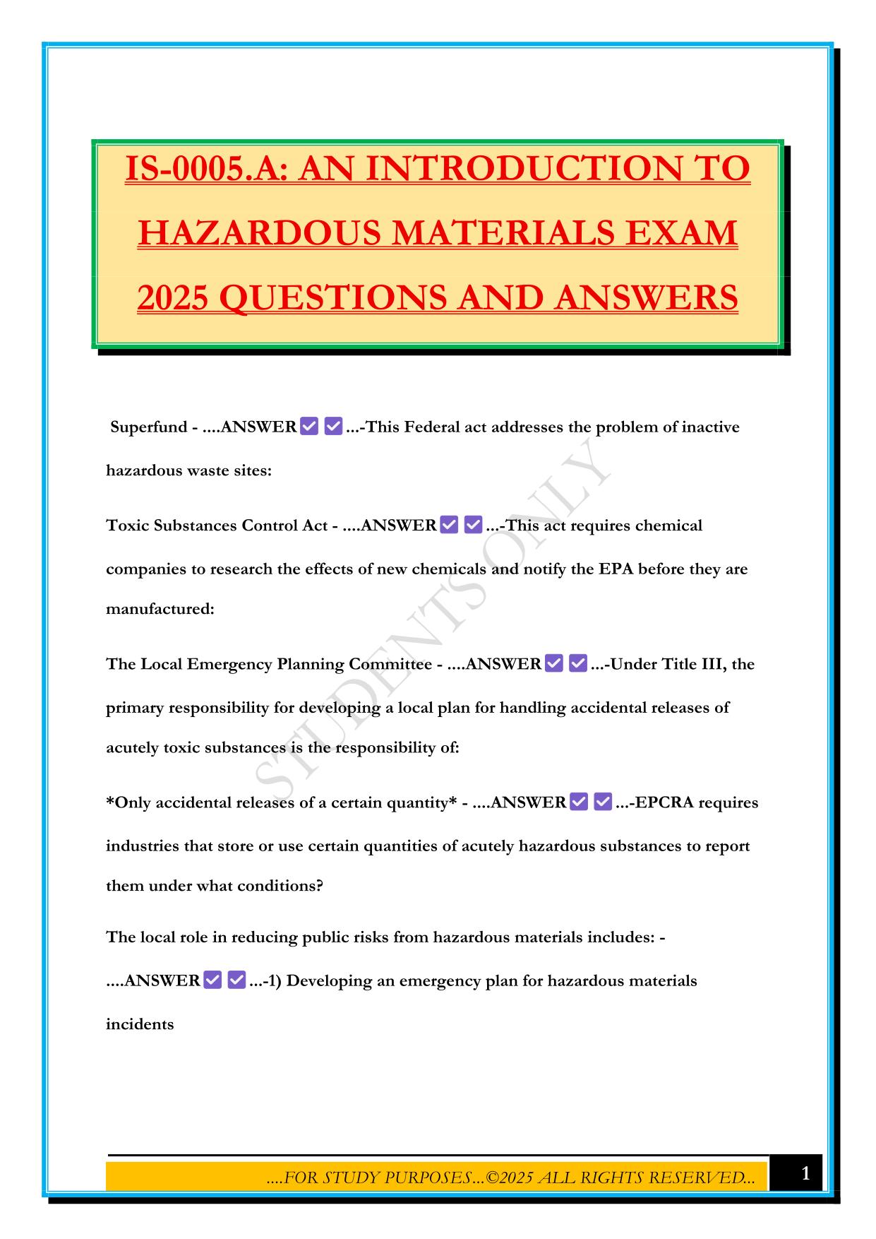 IS-0005.A: AN INTRODUCTION TO HAZARDOUS MATERIALS EXAM 2025 QUESTIONS AND ANSWERS