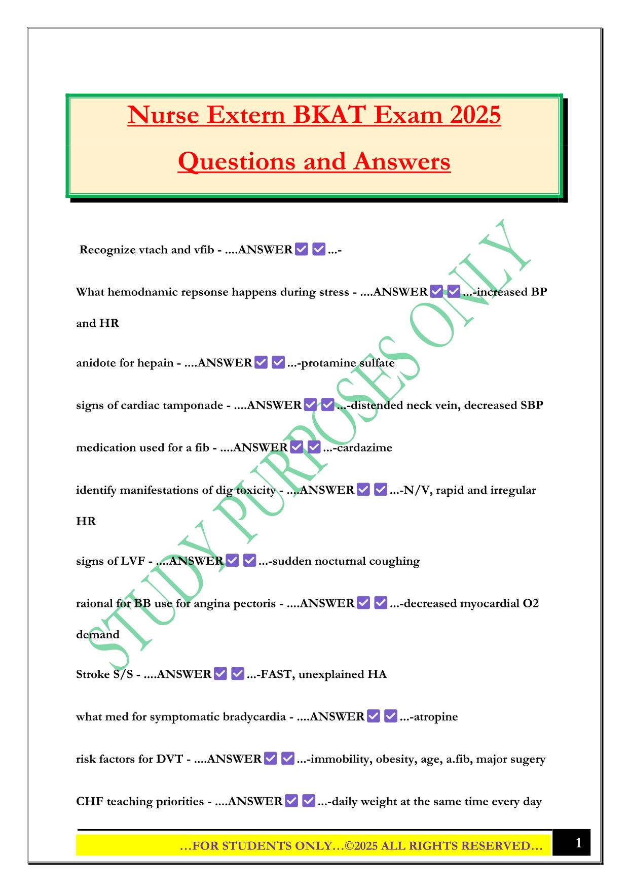 Nurse Extern BKAT Exam 2025 Questions and Answers