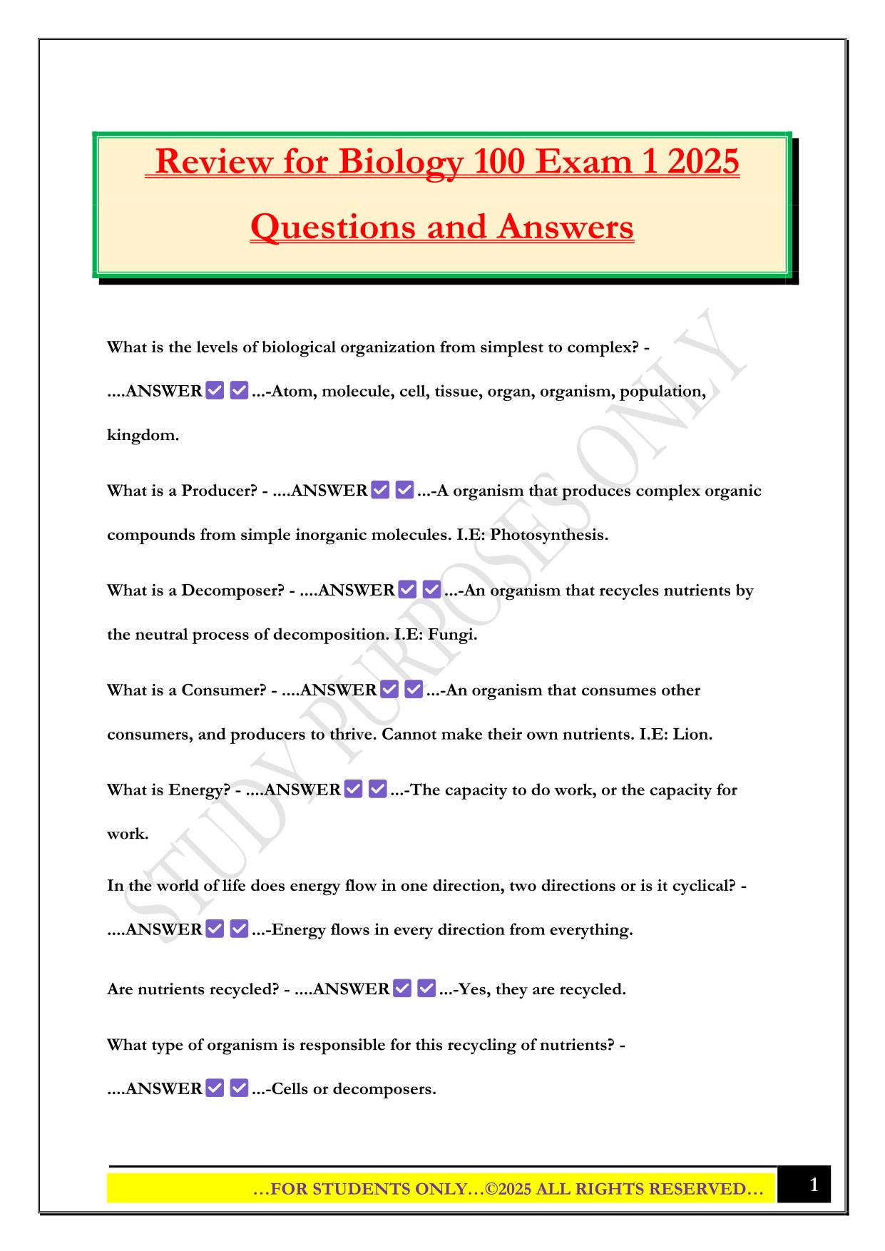 Review for Biology 100 Exam 1 2025 Questions and Answers