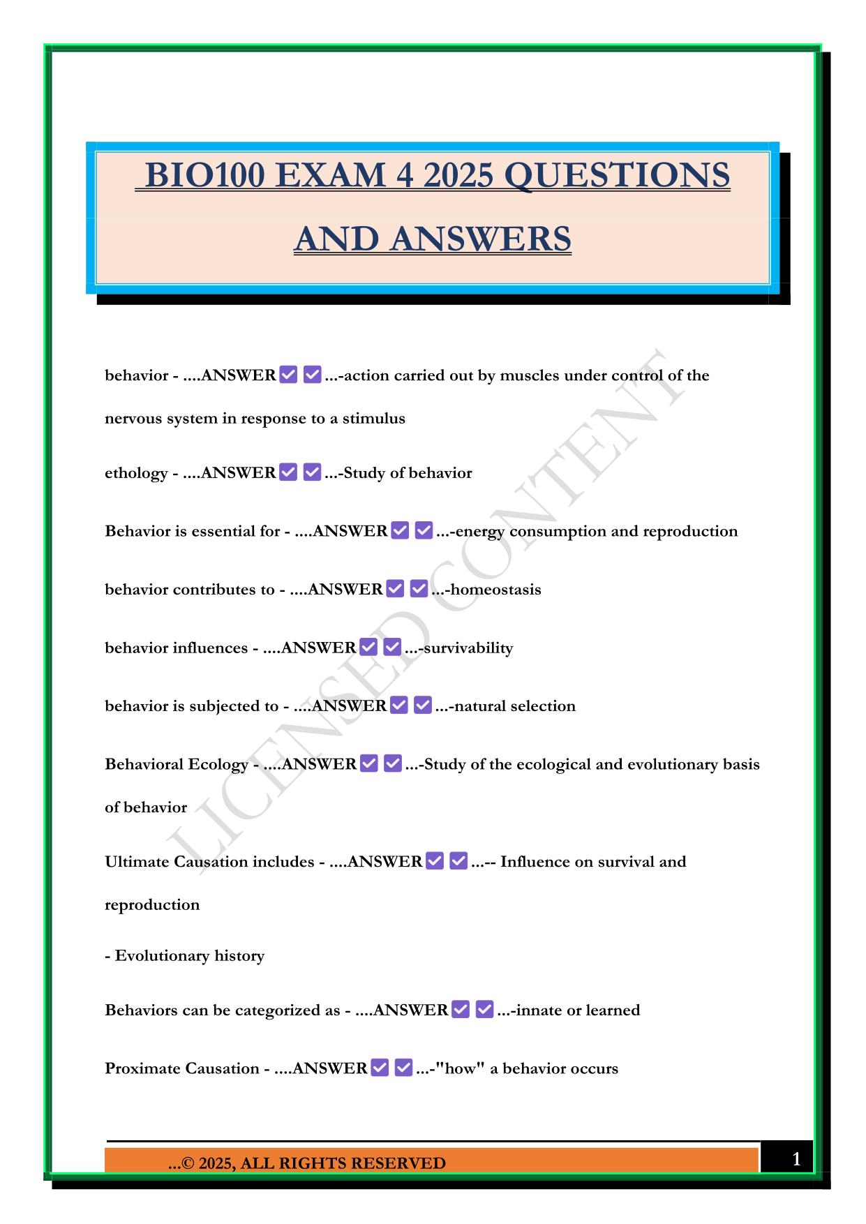 BIO100 EXAM 4 2025 QUESTIONS AND ANSWERS