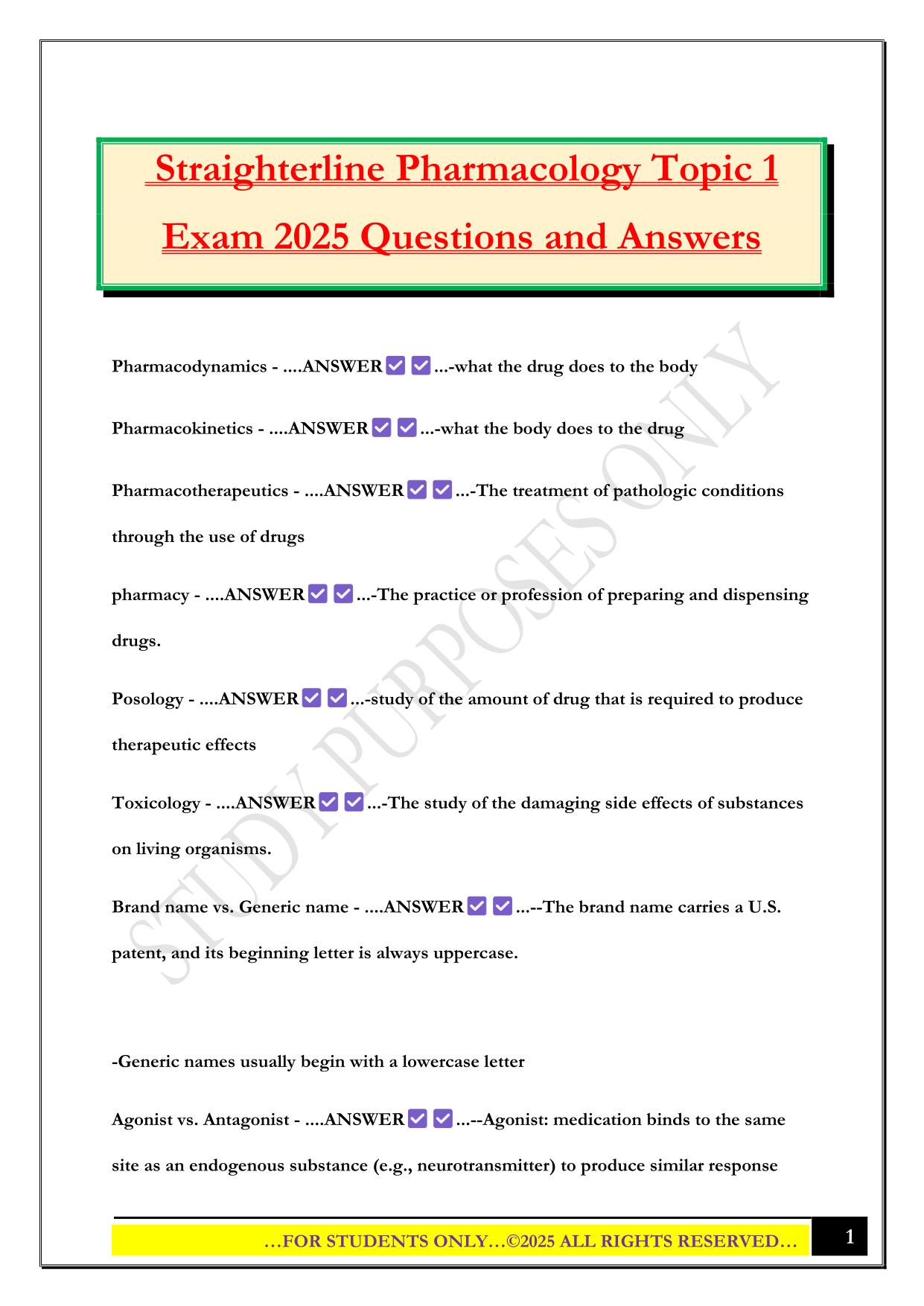 Straighterline Pharmacology Topic 1 Exam 2025 Questions and Answers