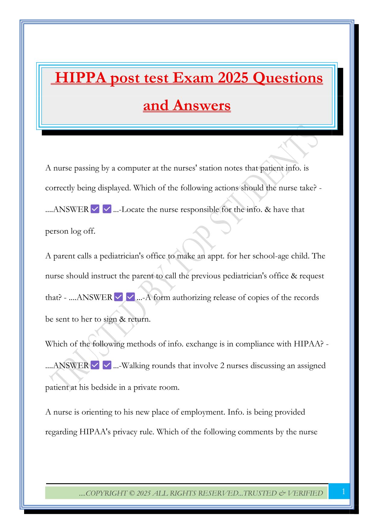 HIPPA post test Exam 2025 Questions and Answers