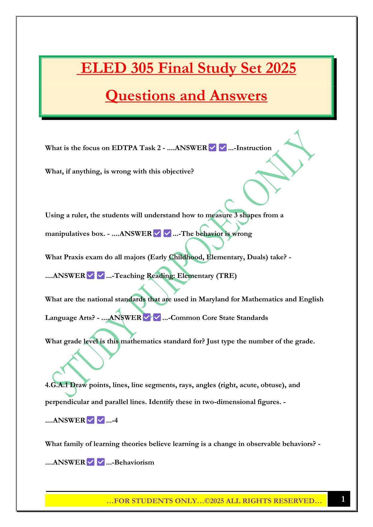 ELED 305 Final Study Set 2025 Questions and Answers