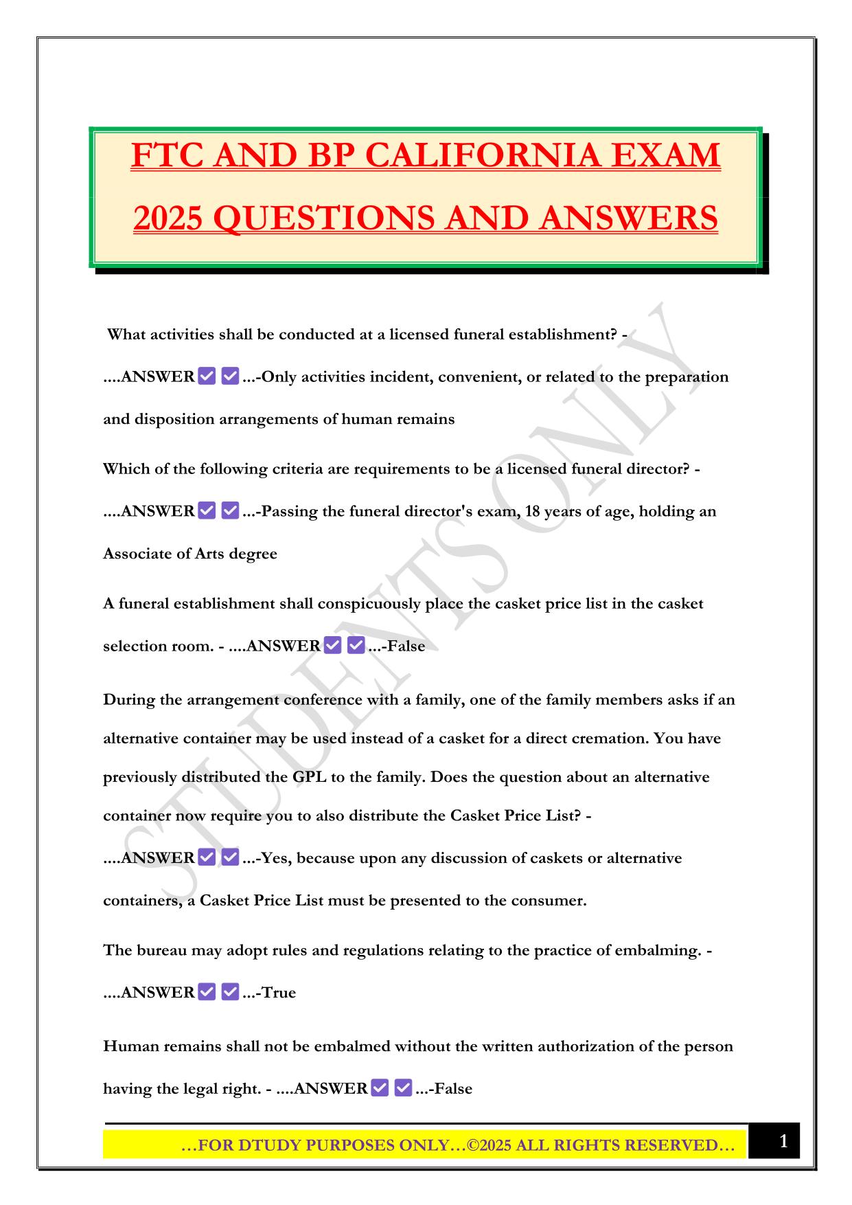 FTC AND BP CALIFORNIA EXAM 2025 QUESTIONS AND ANSWERS