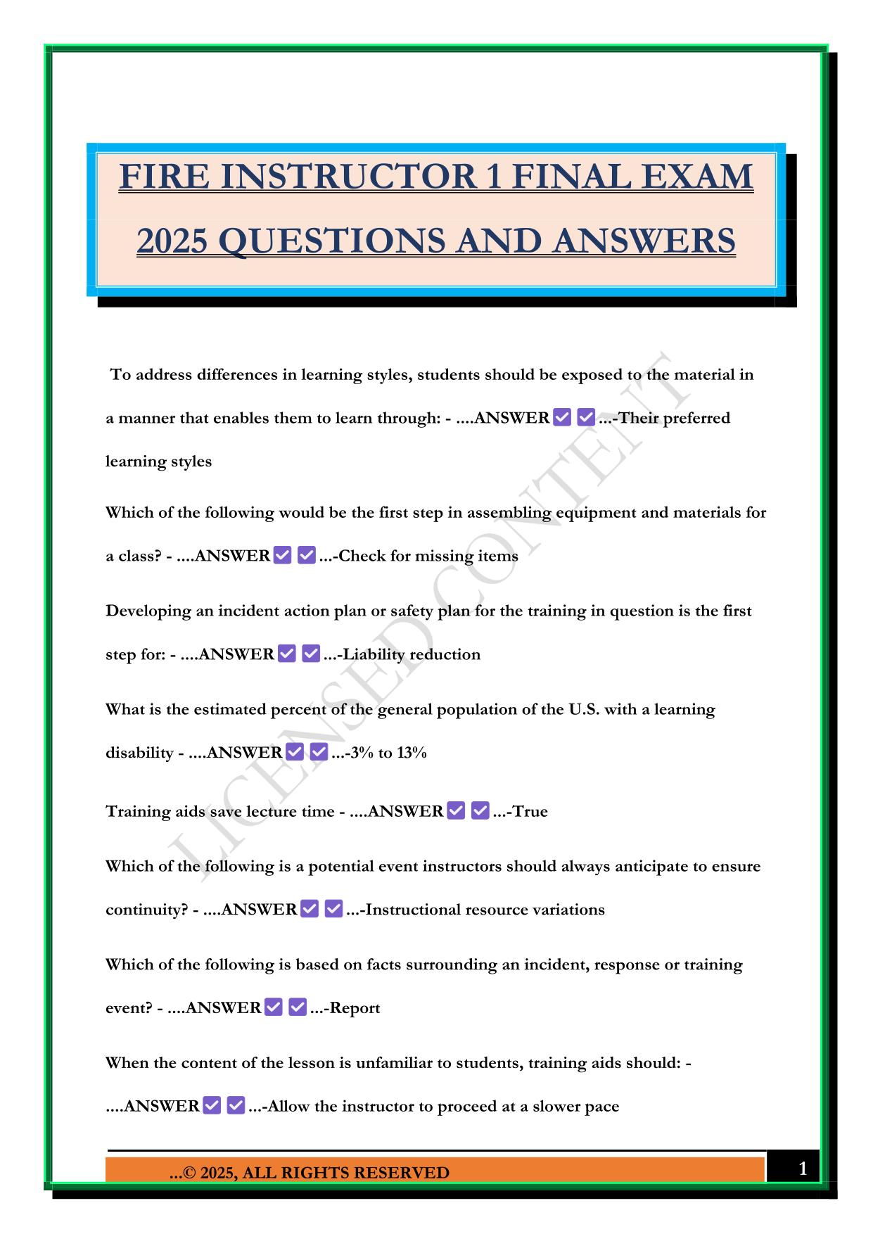 FIRE INSTRUCTOR 1 FINAL EXAM 2025 QUESTIONS AND ANSWERS