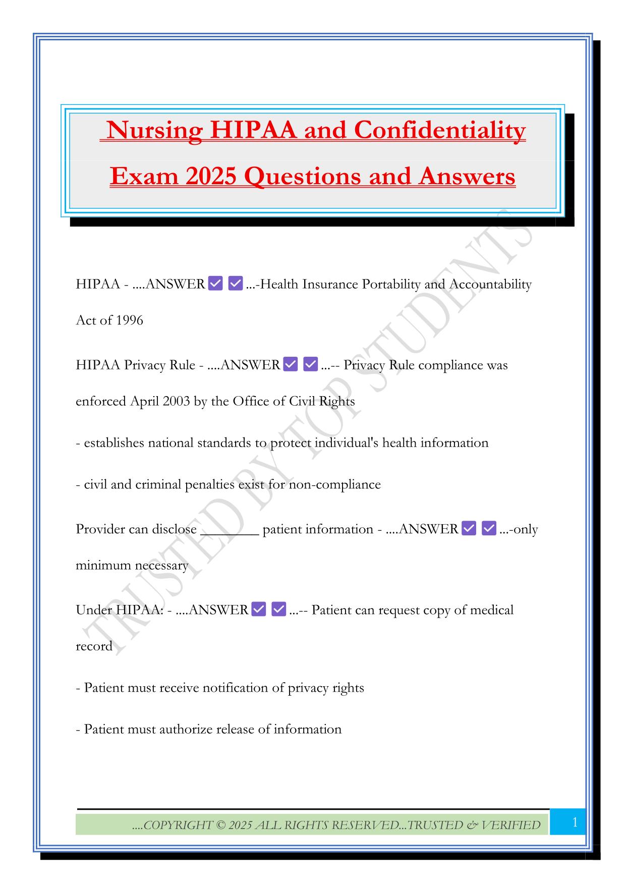 Nursing HIPAA and Confidentiality Exam 2025 Questions and Answers