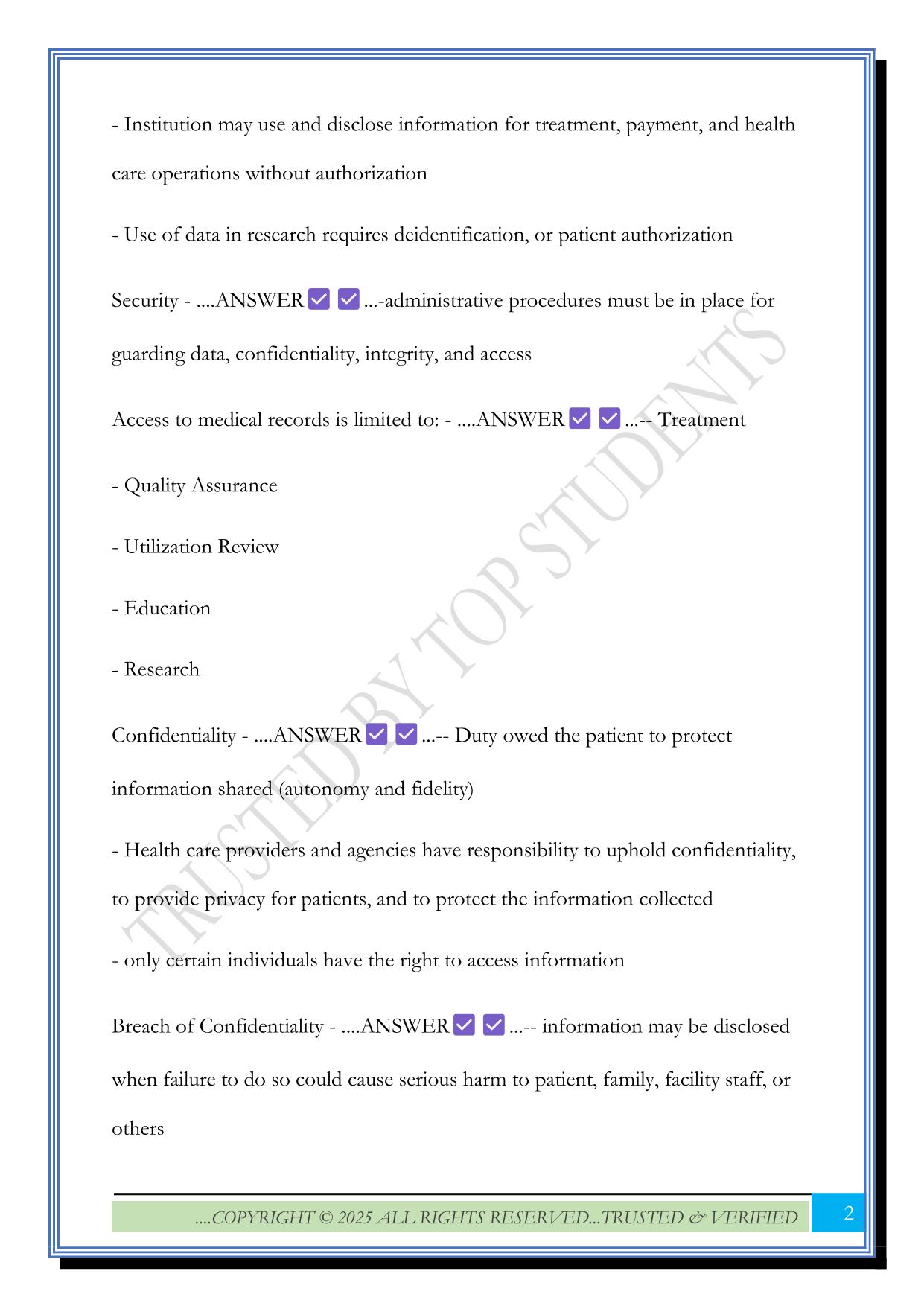 Nursing HIPAA and Confidentiality Exam 2025 Questions and Answers