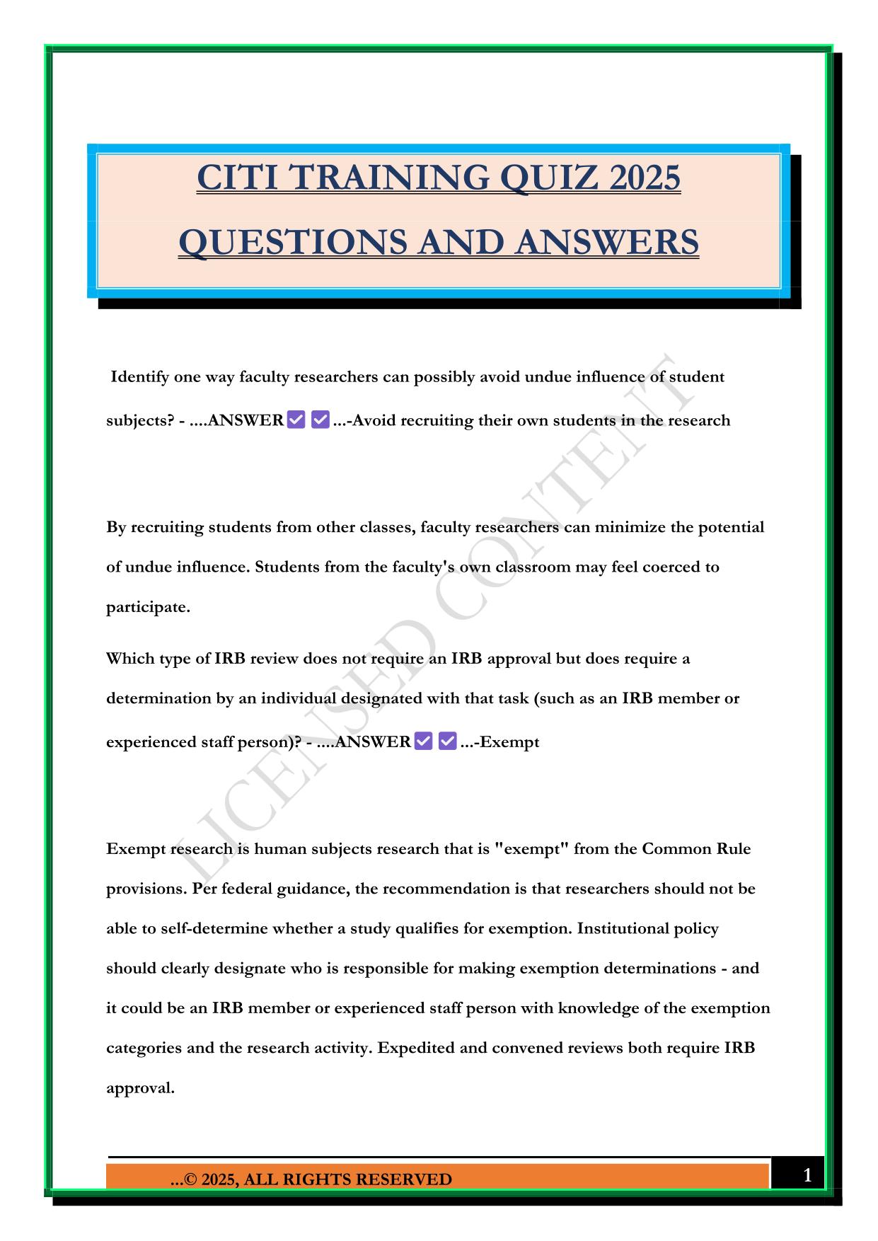 CITI TRAINING QUIZ 2025 QUESTIONS AND ANSWERS