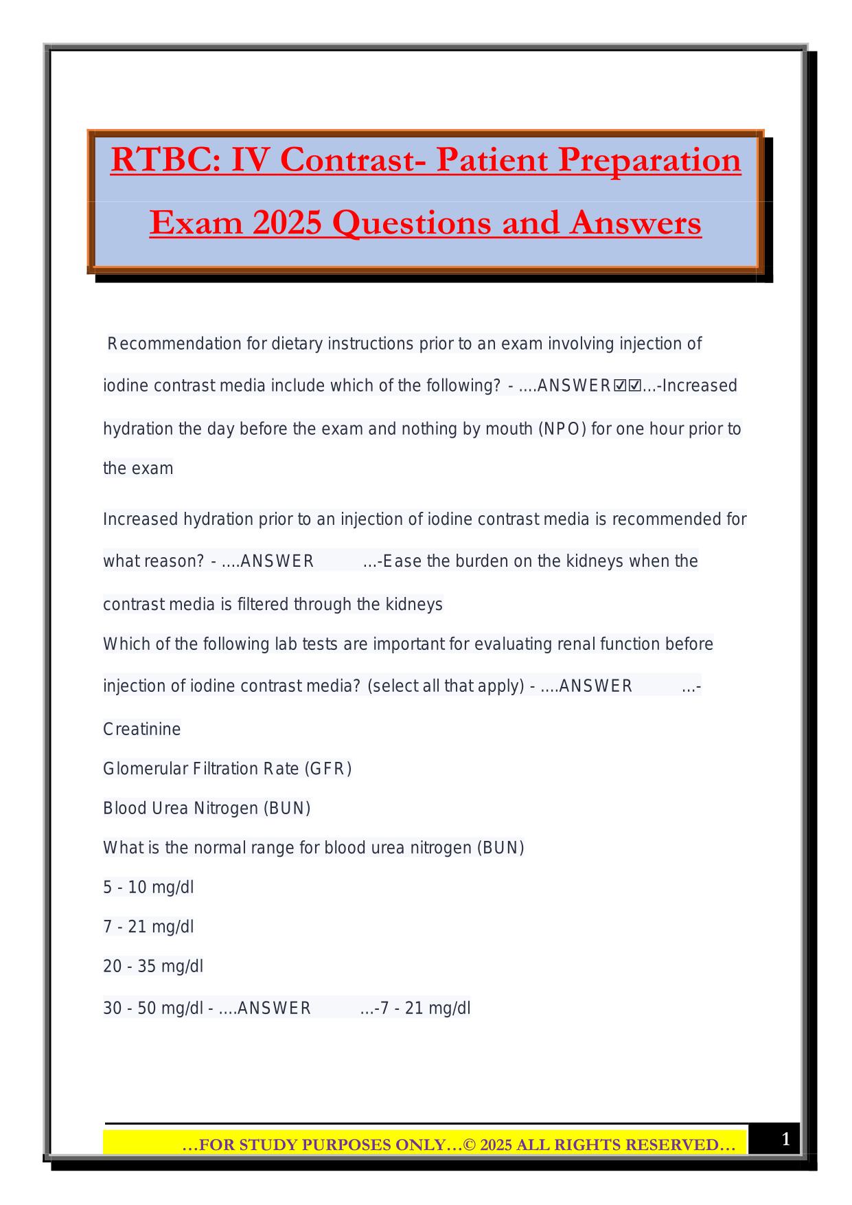 RTBC: IV Contrast- Patient Preparation Exam 2025 Questions and Answers