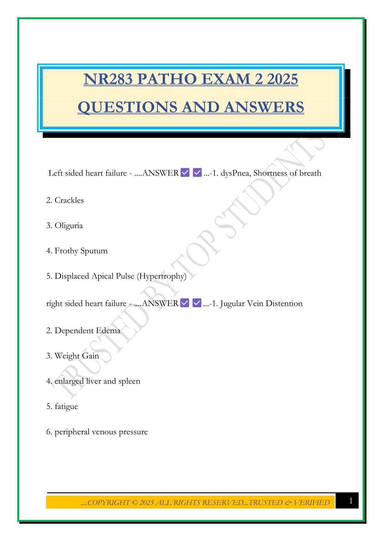 NR283 PATHO EXAM 2 2025 QUESTIONS AND ANSWERS