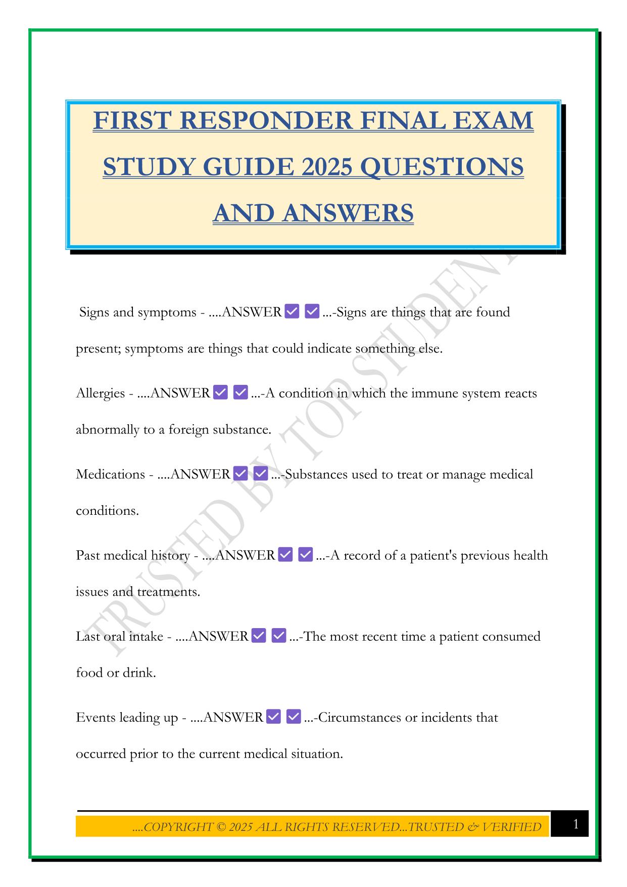 FIRST RESPONDER FINAL EXAM STUDY GUIDE 2025 QUESTIONS AND ANSWERS