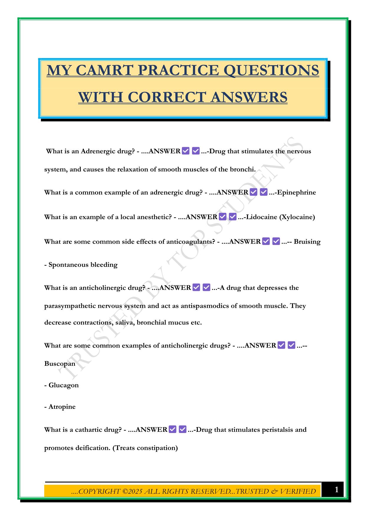 MY CAMRT PRACTICE QUESTIONS WITH CORRECT ANSWERS