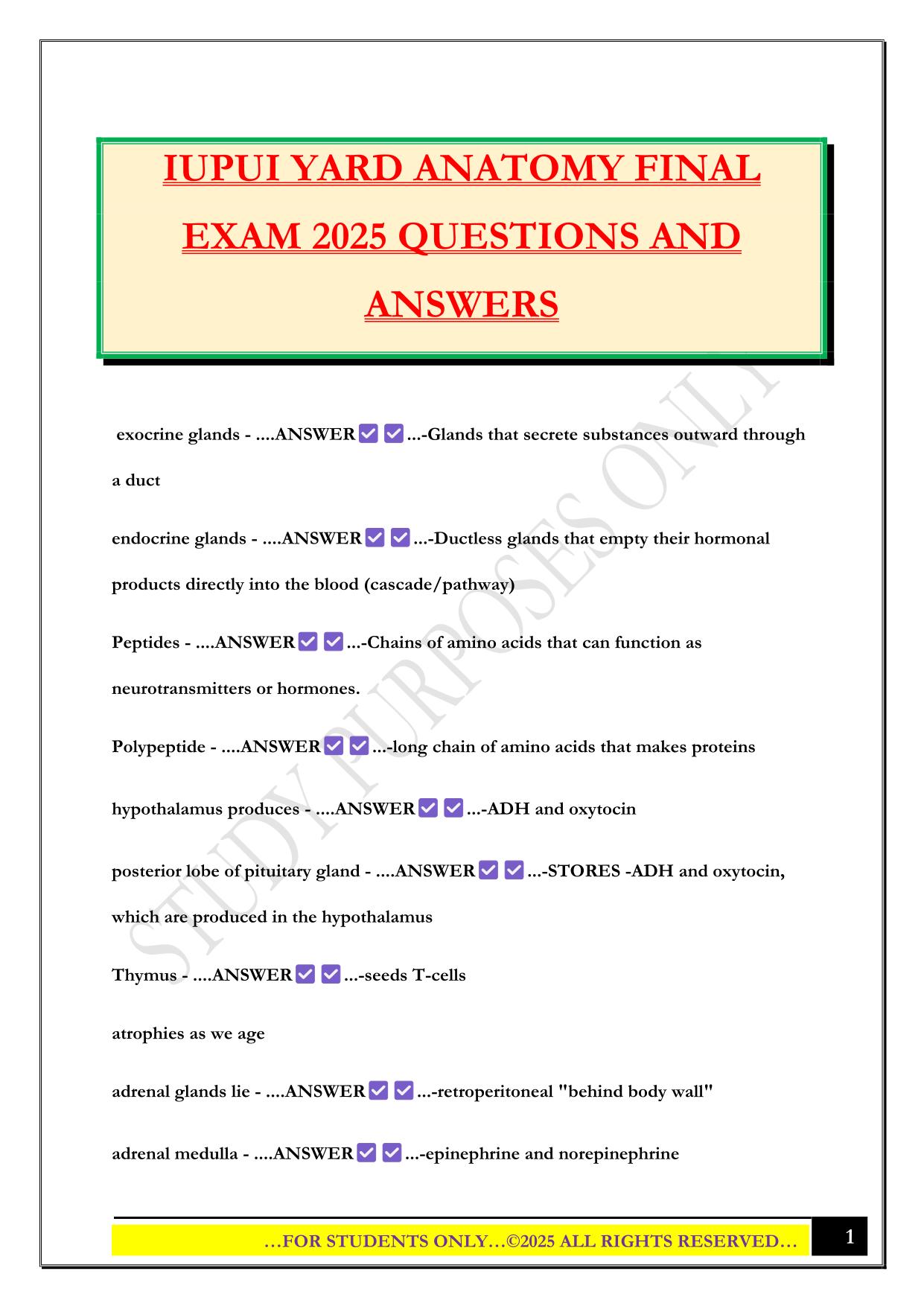 IUPUI YARD ANATOMY FINAL EXAM 2025 QUESTIONS AND ANSWERS