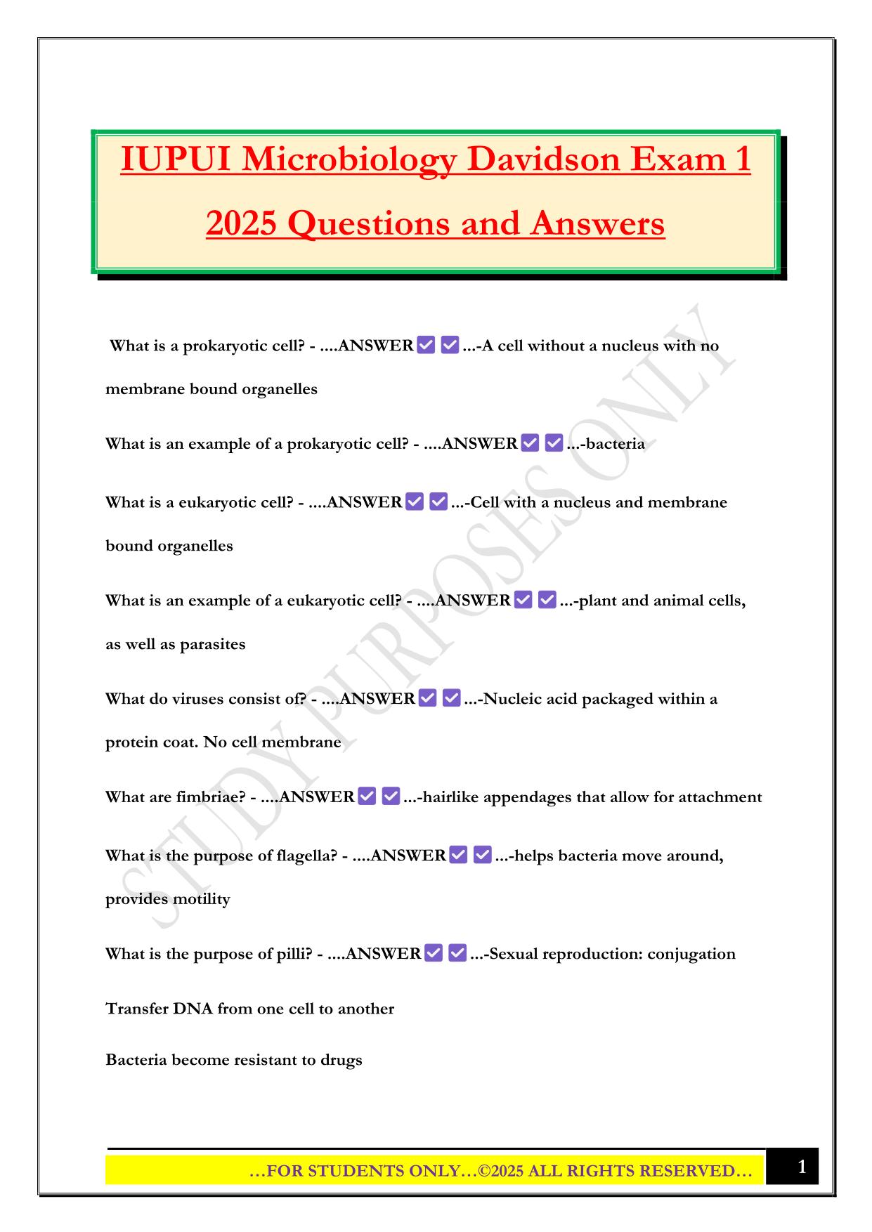 IUPUI Microbiology Davidson Exam 1 2025 Questions and Answers