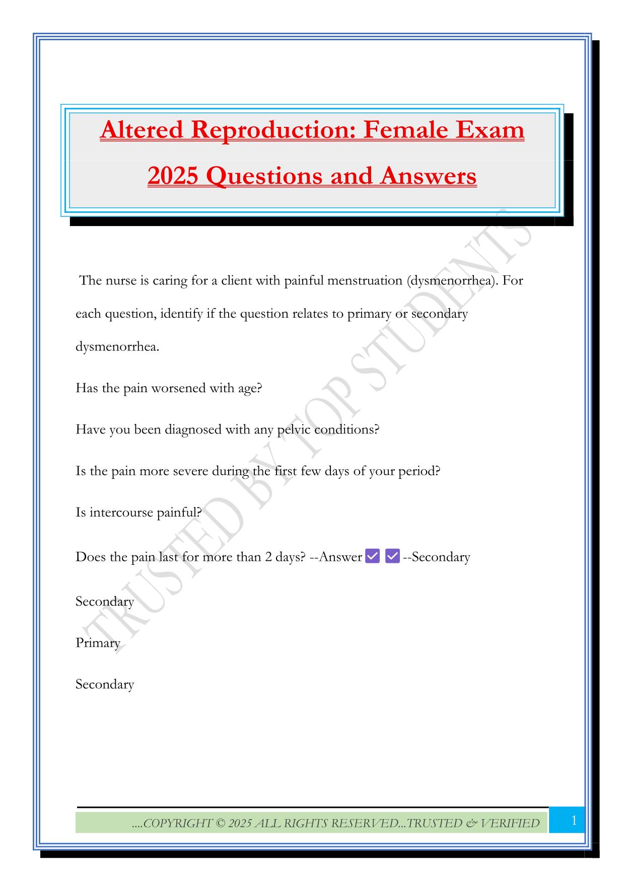 Altered Reproduction: Female Exam 2025 Questions and Answers