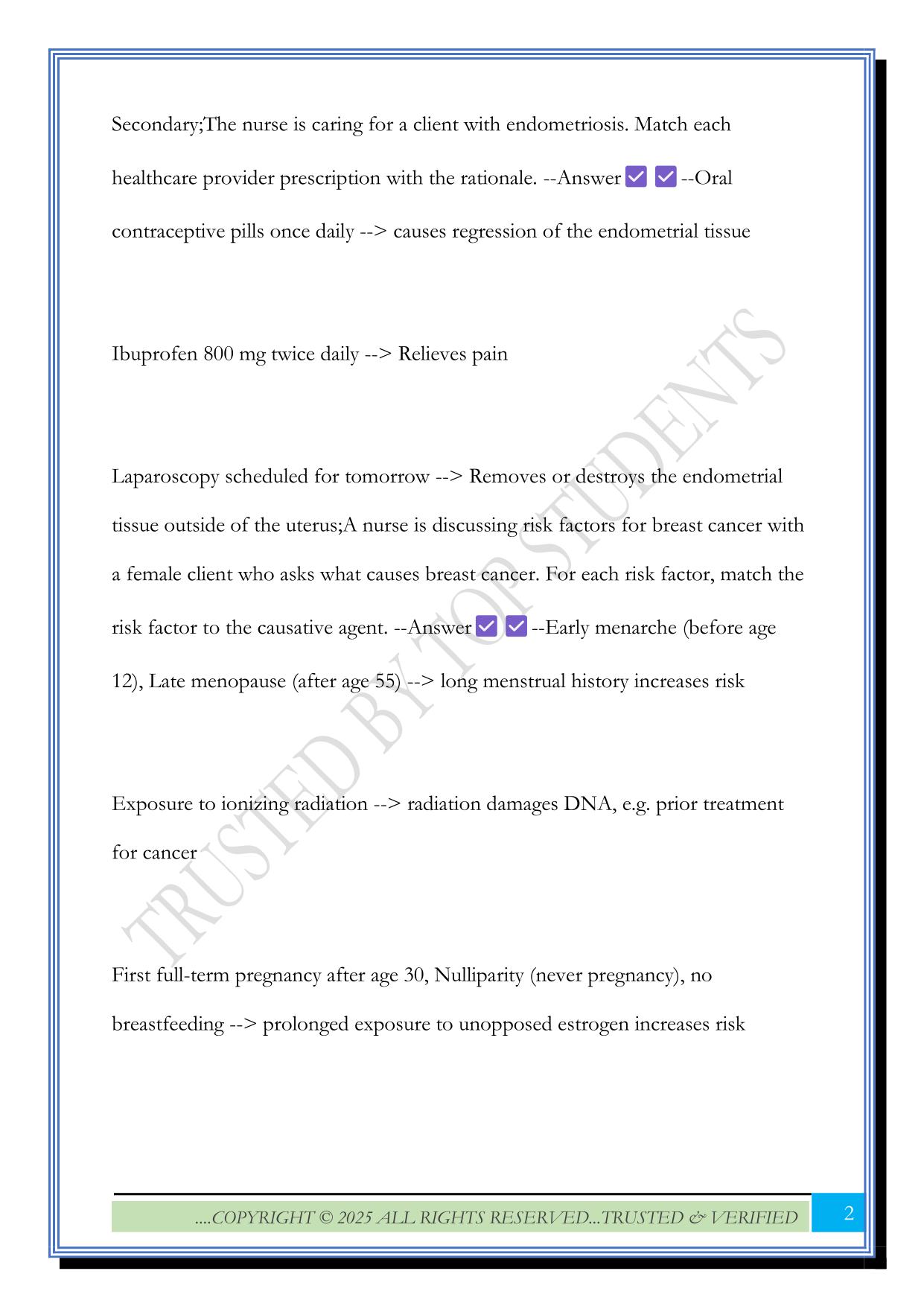 Altered Reproduction: Female Exam 2025 Questions and Answers