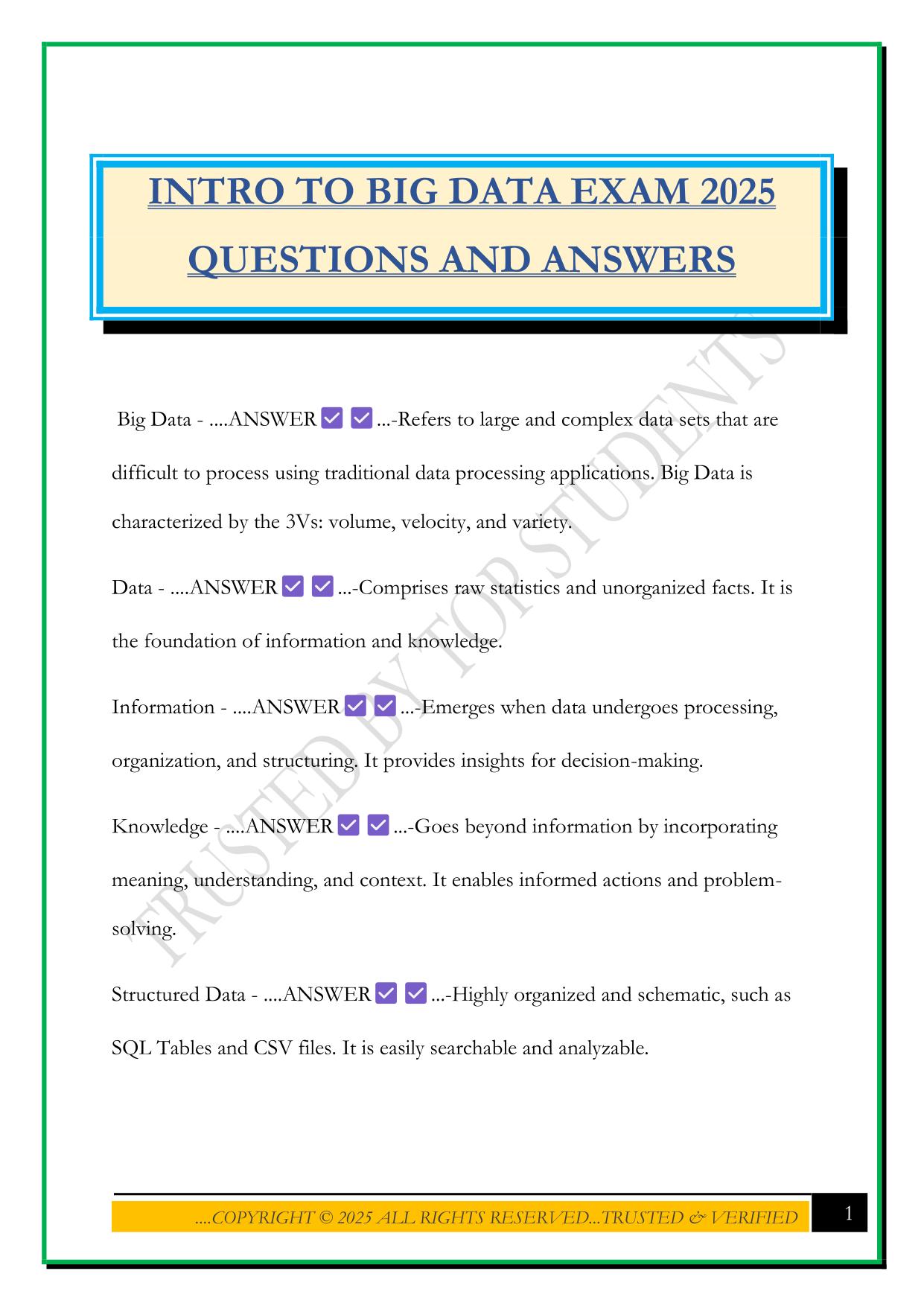 INTRO TO BIG DATA EXAM 2025 QUESTIONS AND ANSWERS