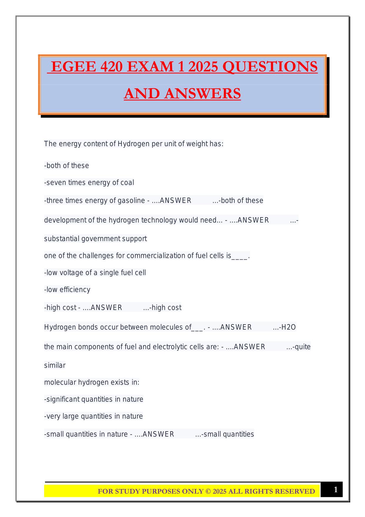 EGEE 420 EXAM 1 2025 QUESTIONS AND ANSWERS