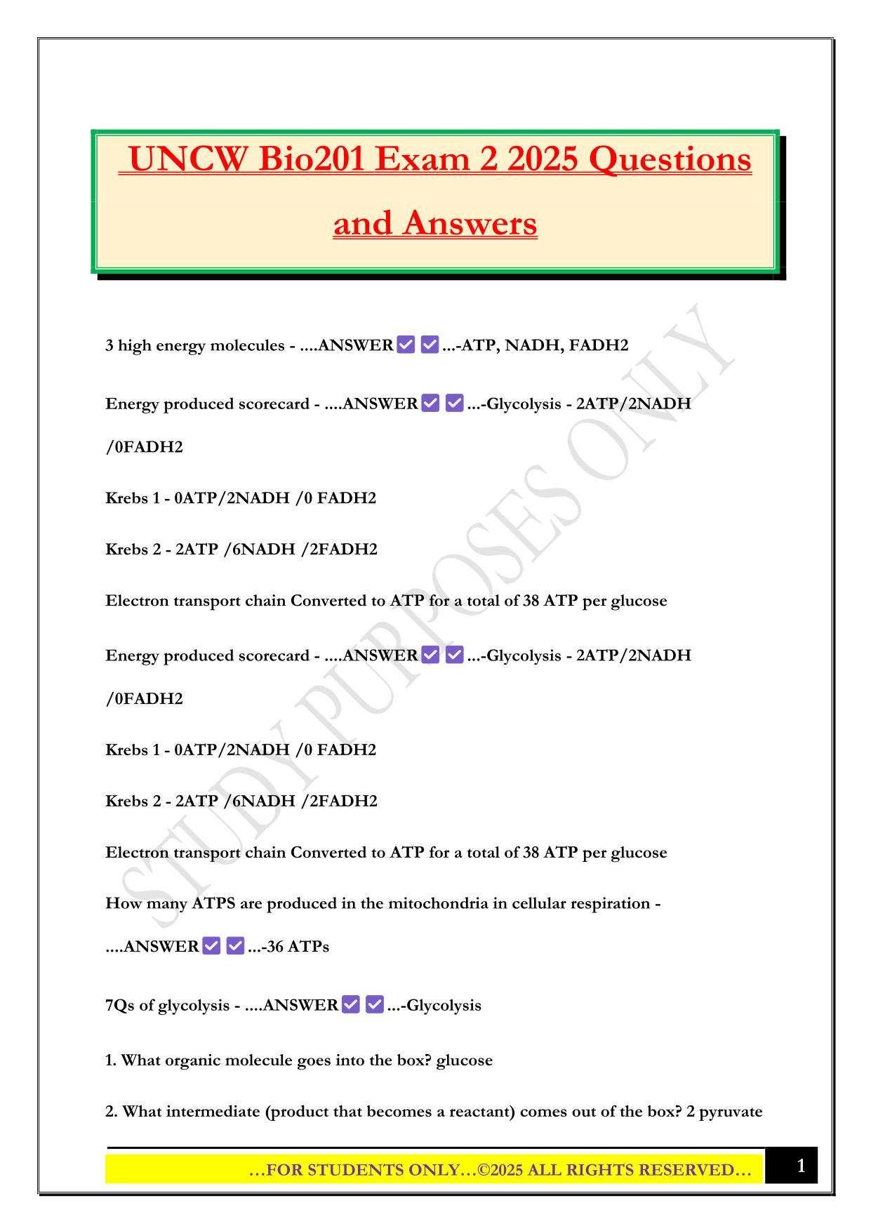 UNCW Bio201 Exam 2 2025 Questions and Answers