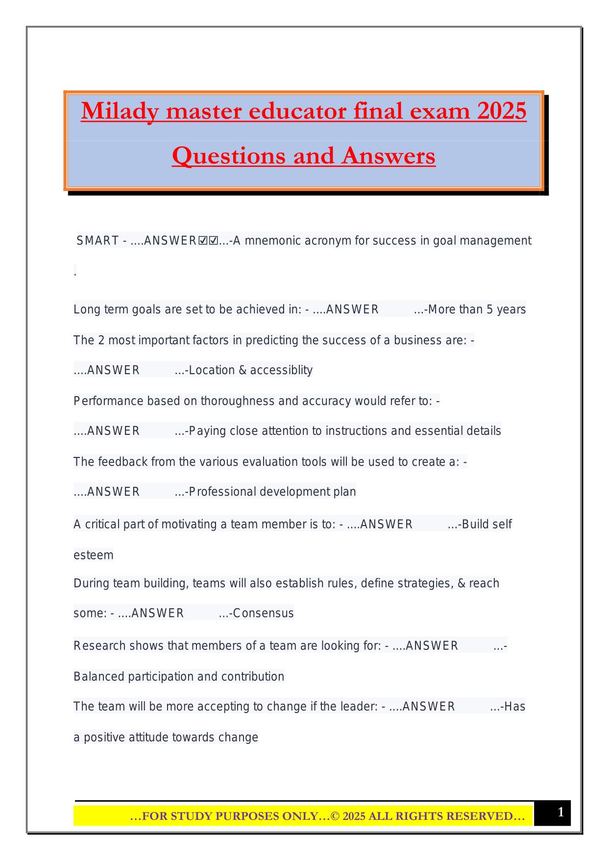 Milady master educator final exam 2025 Questions and Answers