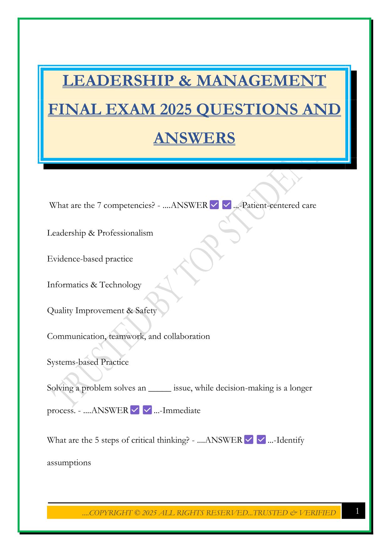 LEADERSHIP & MANAGEMENT FINAL EXAM 2025 QUESTIONS AND ANSWERS
