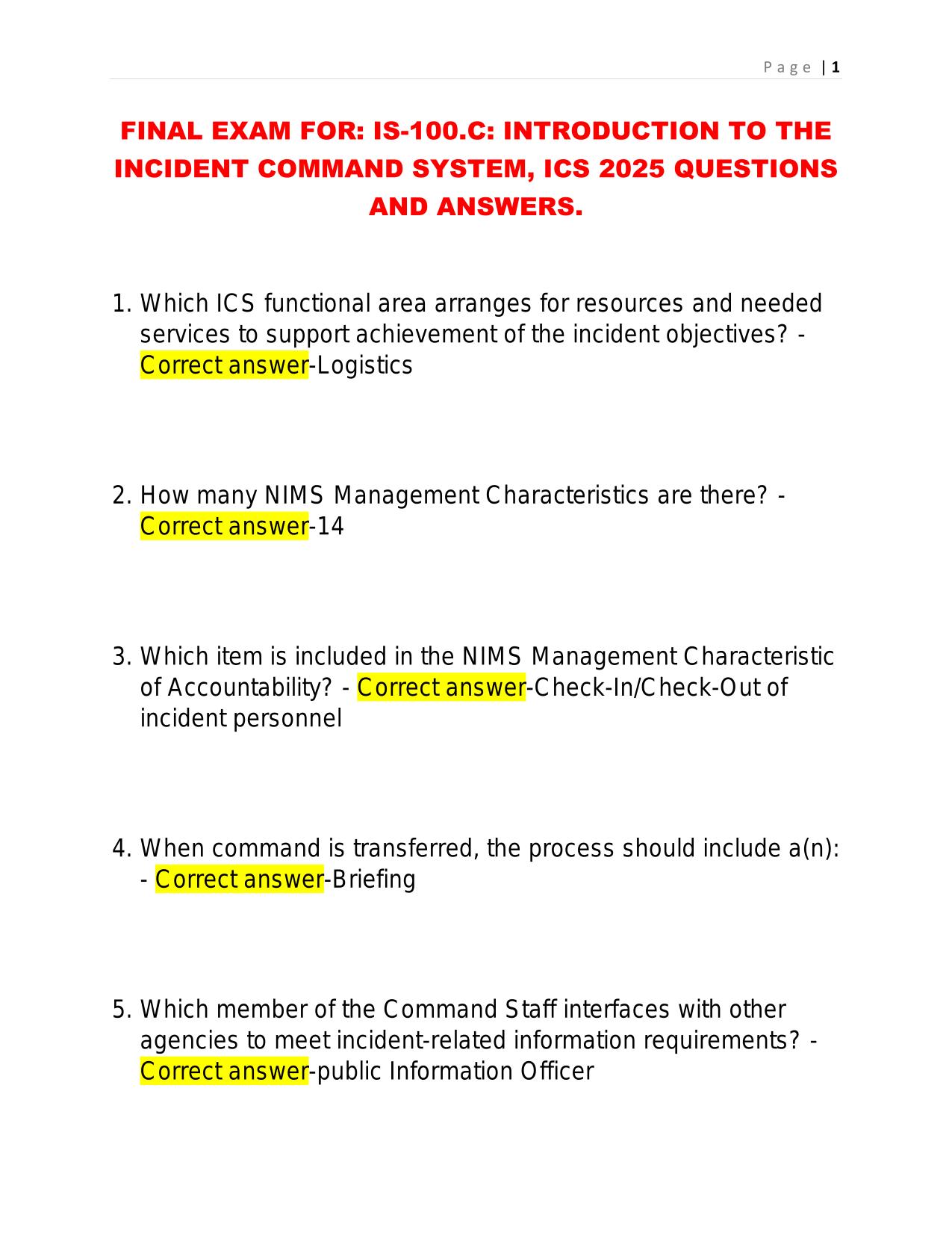 FINAL EXAM FOR: IS-100.C: INTRODUCTION TO THE INCIDENT COMMAND SYSTEM, ICS 2025 QUESTIONS AND ANSWERS.