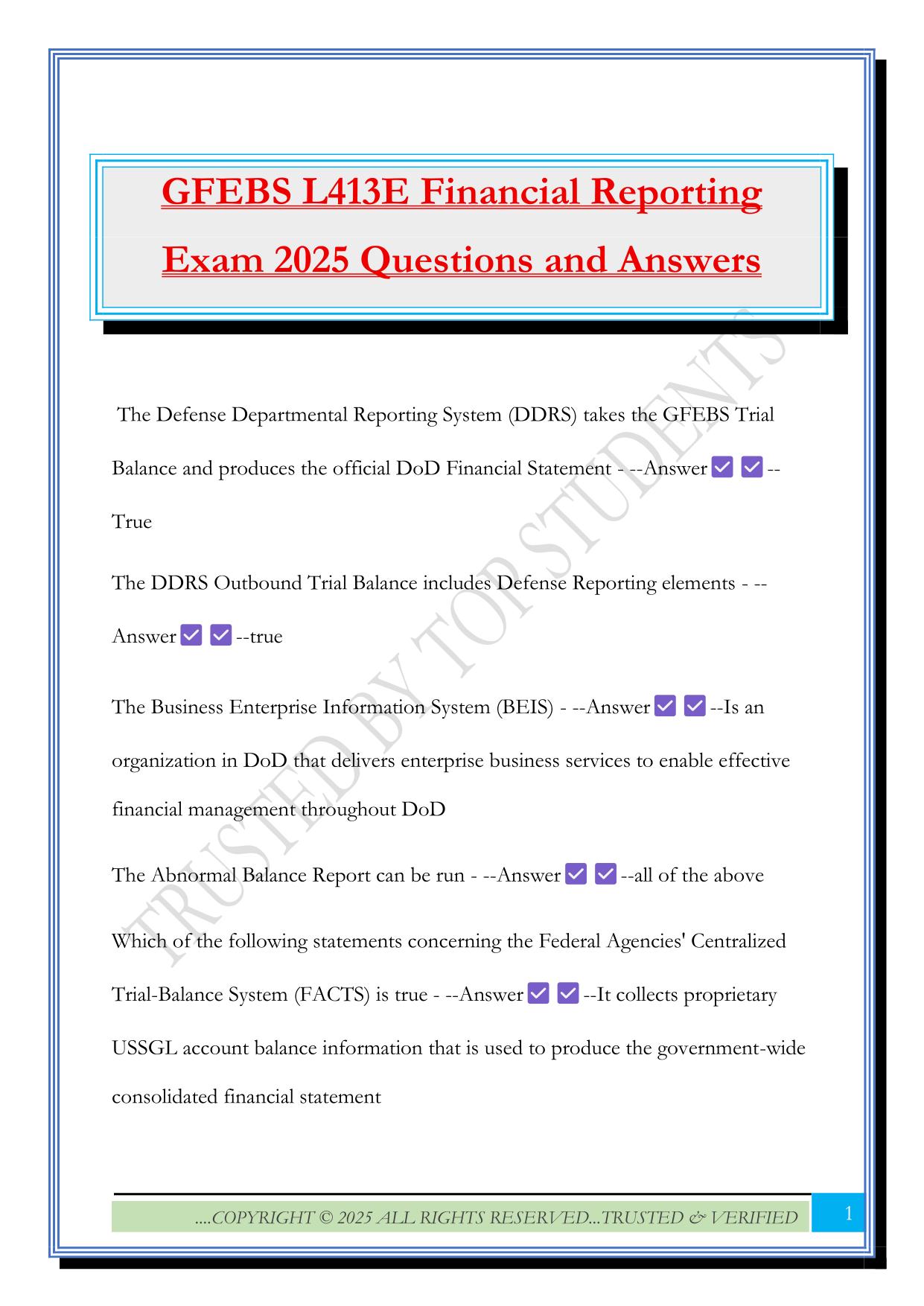 GFEBS L413E Financial Reporting Exam 2025 Questions and Answers