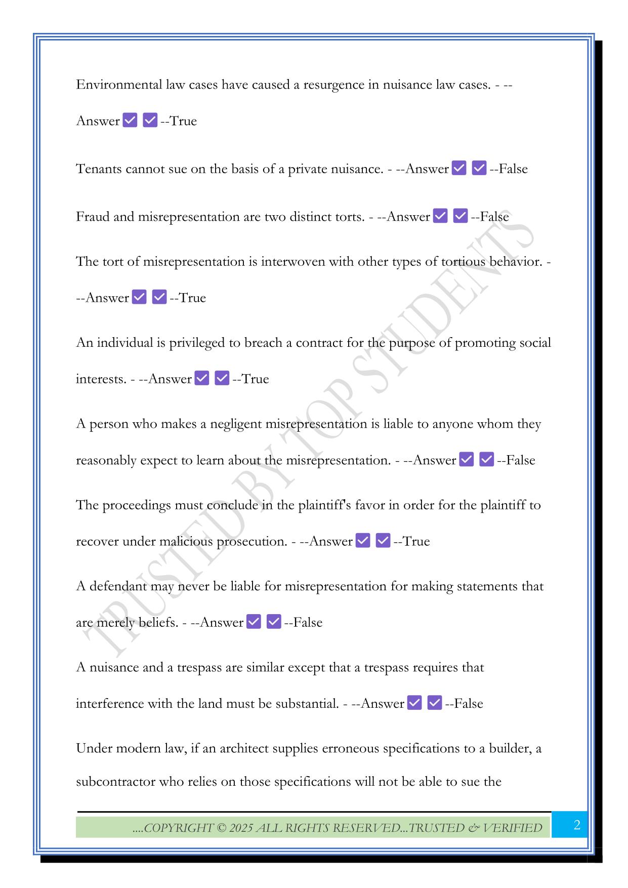 Torts Final Exam 2025 Questions and Answers