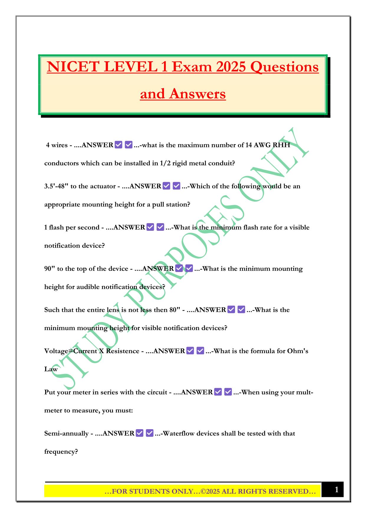 NICET LEVEL 1 Exam 2025 Questions and Answers