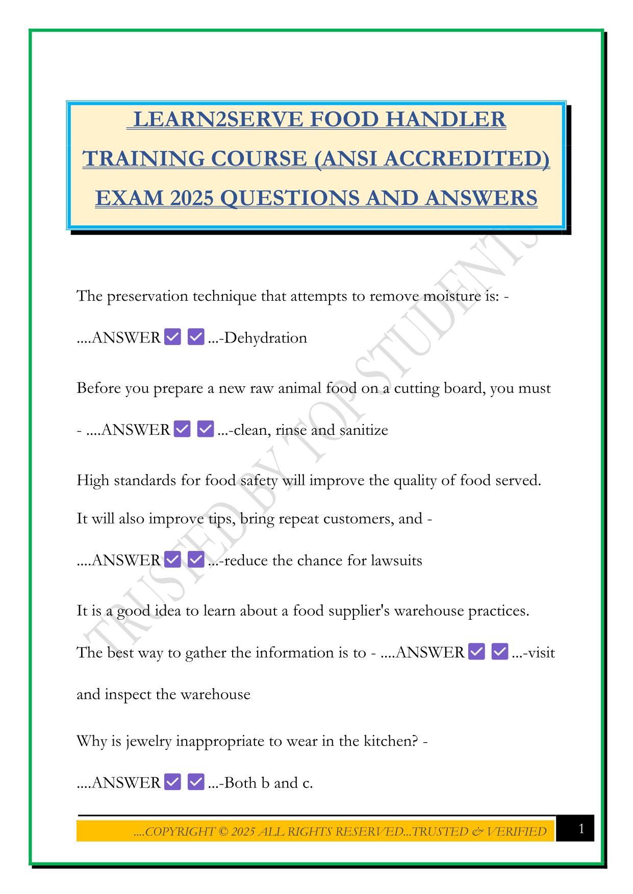 LEARN2SERVE FOOD HANDLER TRAINING COURSE (ANSI ACCREDITED) EXAM 2025 QUESTIONS AND ANSWERS