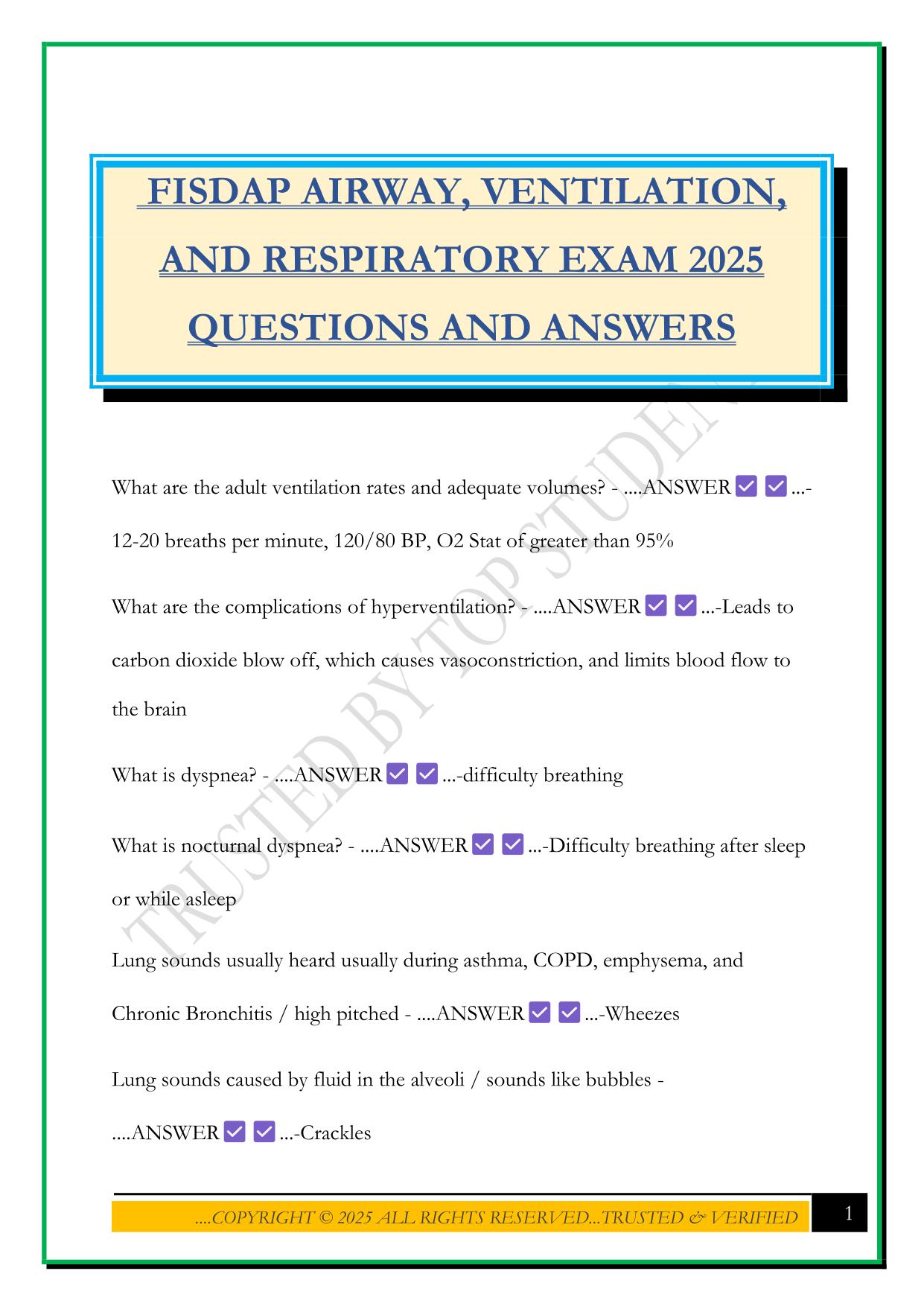 FISDAP AIRWAY, VENTILATION, AND RESPIRATORY EXAM 2025 QUESTIONS AND ANSWERS