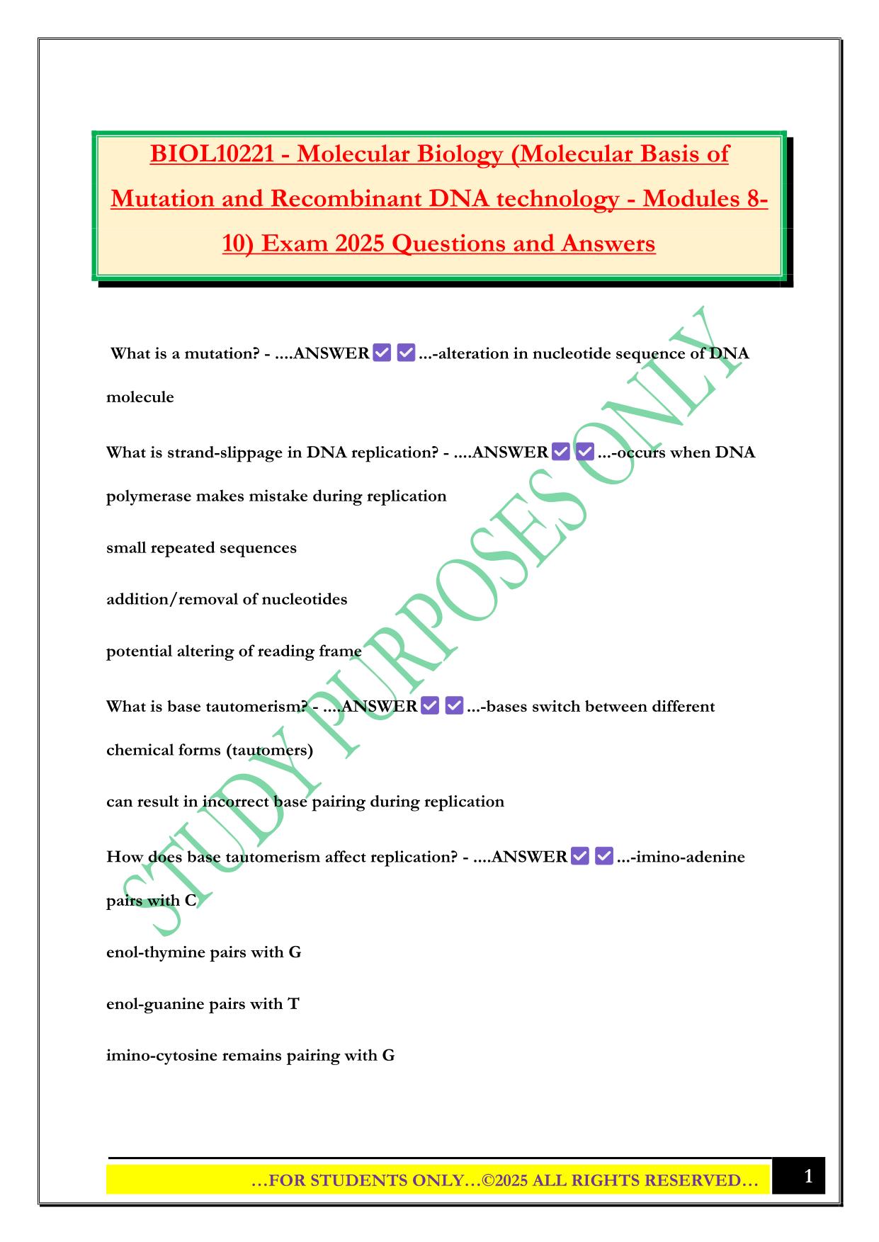 BIOL10221 - Molecular Biology (Molecular Basis of Mutation and Recombinant DNA technology - Modules 8- 10) Exam 2025 Questions and Answers