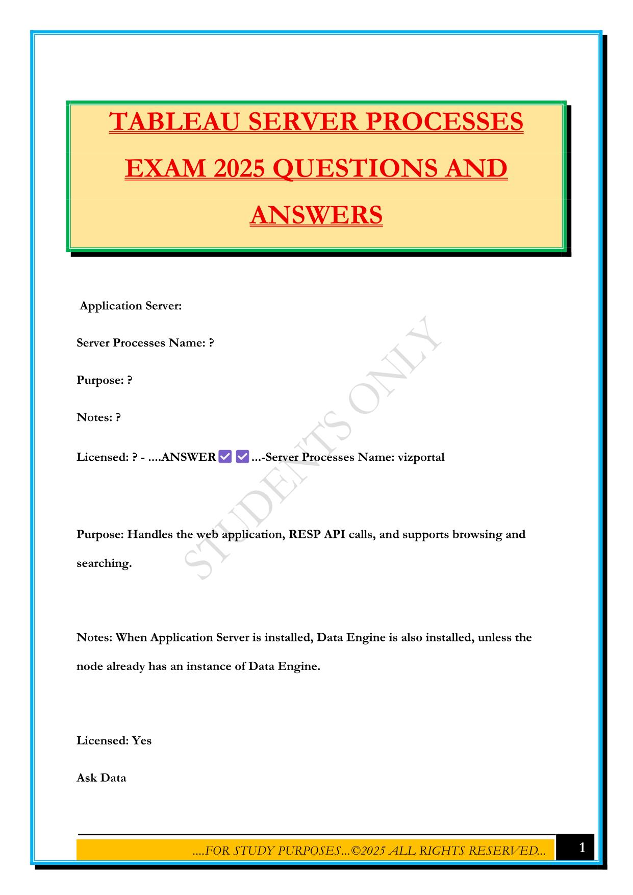 TABLEAU SERVER PROCESSES EXAM 2025 QUESTIONS AND ANSWERS