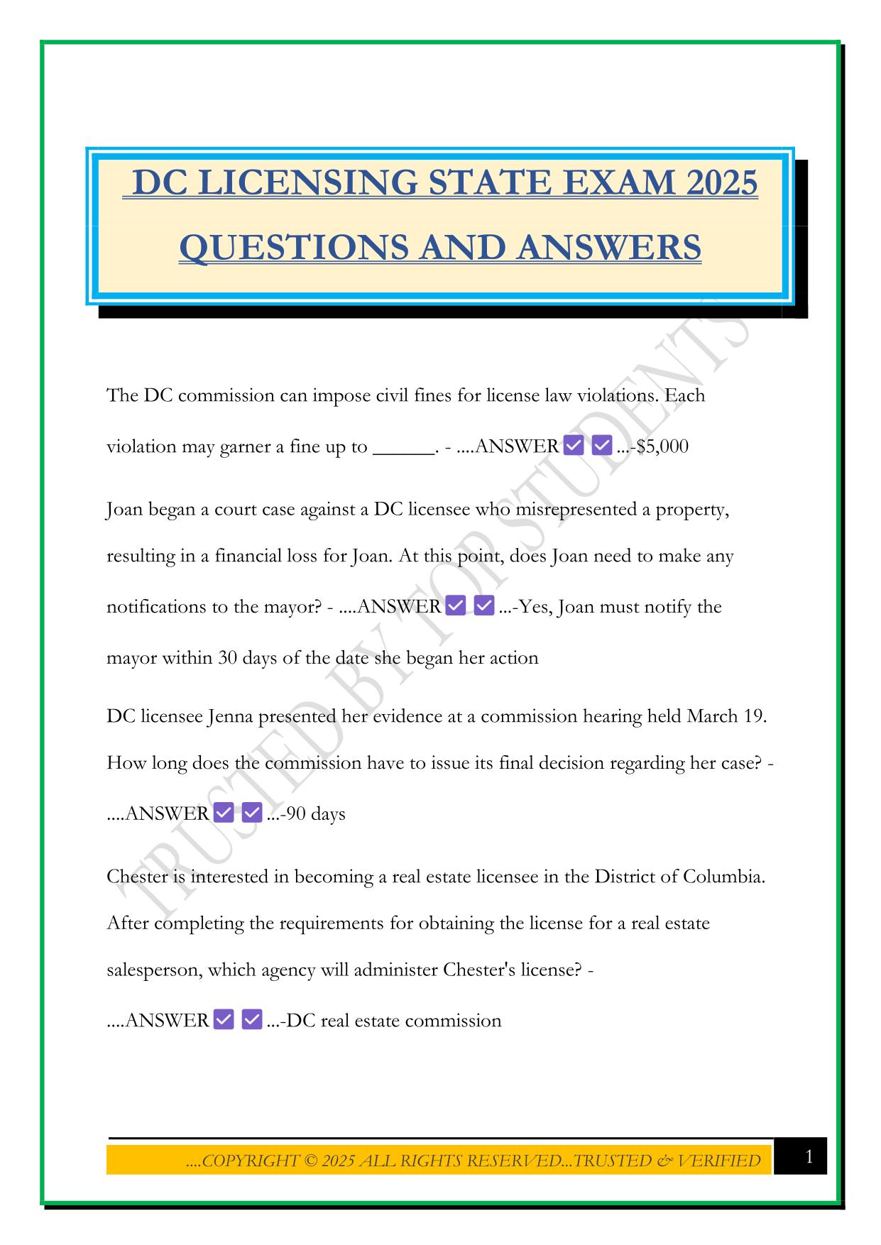 DC LICENSING STATE EXAM 2025 QUESTIONS AND ANSWER
