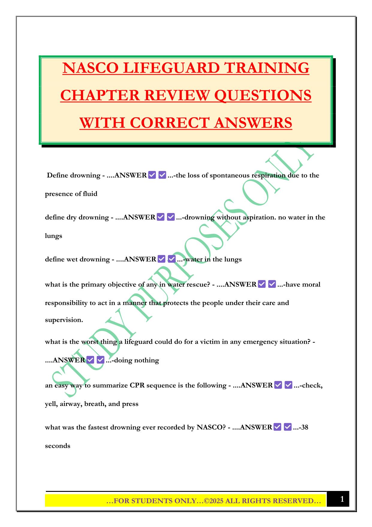 NASCO LIFEGUARD TRAINING CHAPTER REVIEW QUESTIONS WITH CORRECT ANSWERS