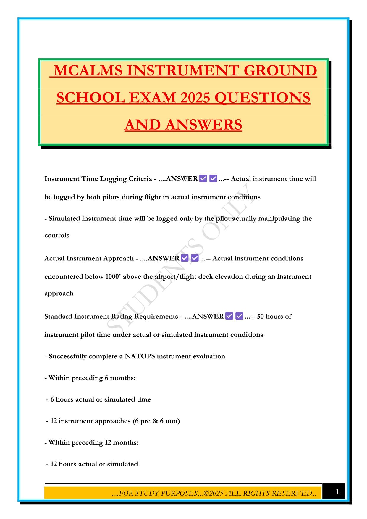 MCALMS INSTRUMENT GROUND SCHOOL EXAM 2025 QUESTIONS AND ANSWERS