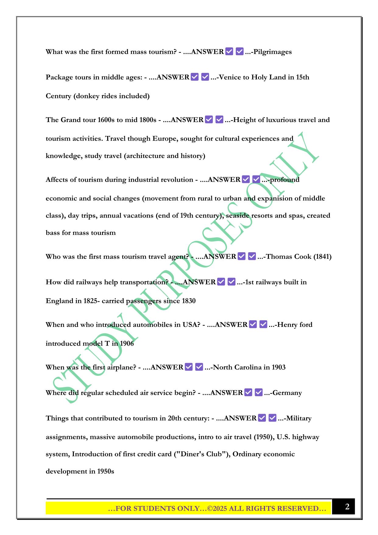Travel and Tourism- Exam 1 2025 Questions and Answers
