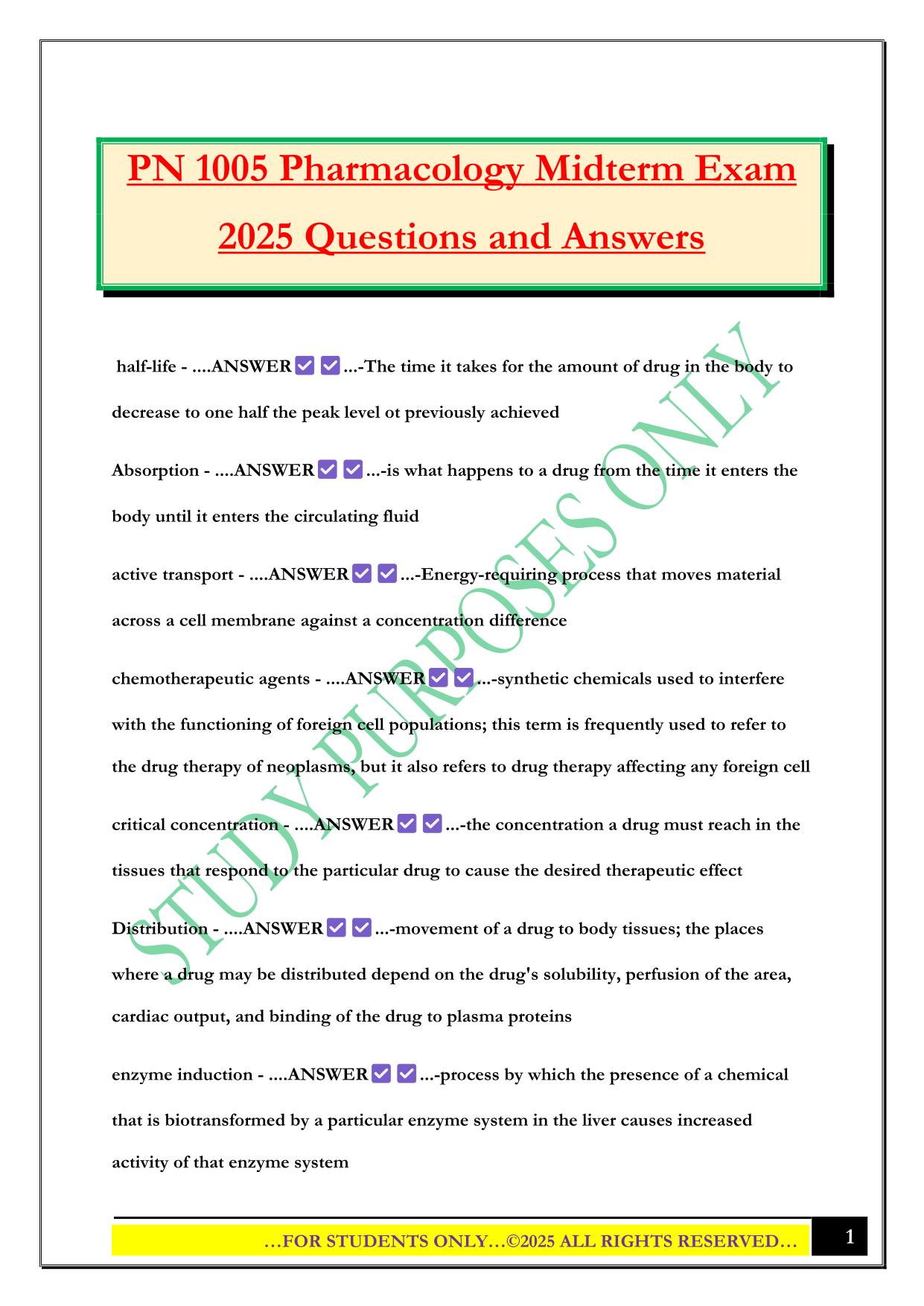 PN 1005 Pharmacology Midterm Exam 2025 Questions and Answers