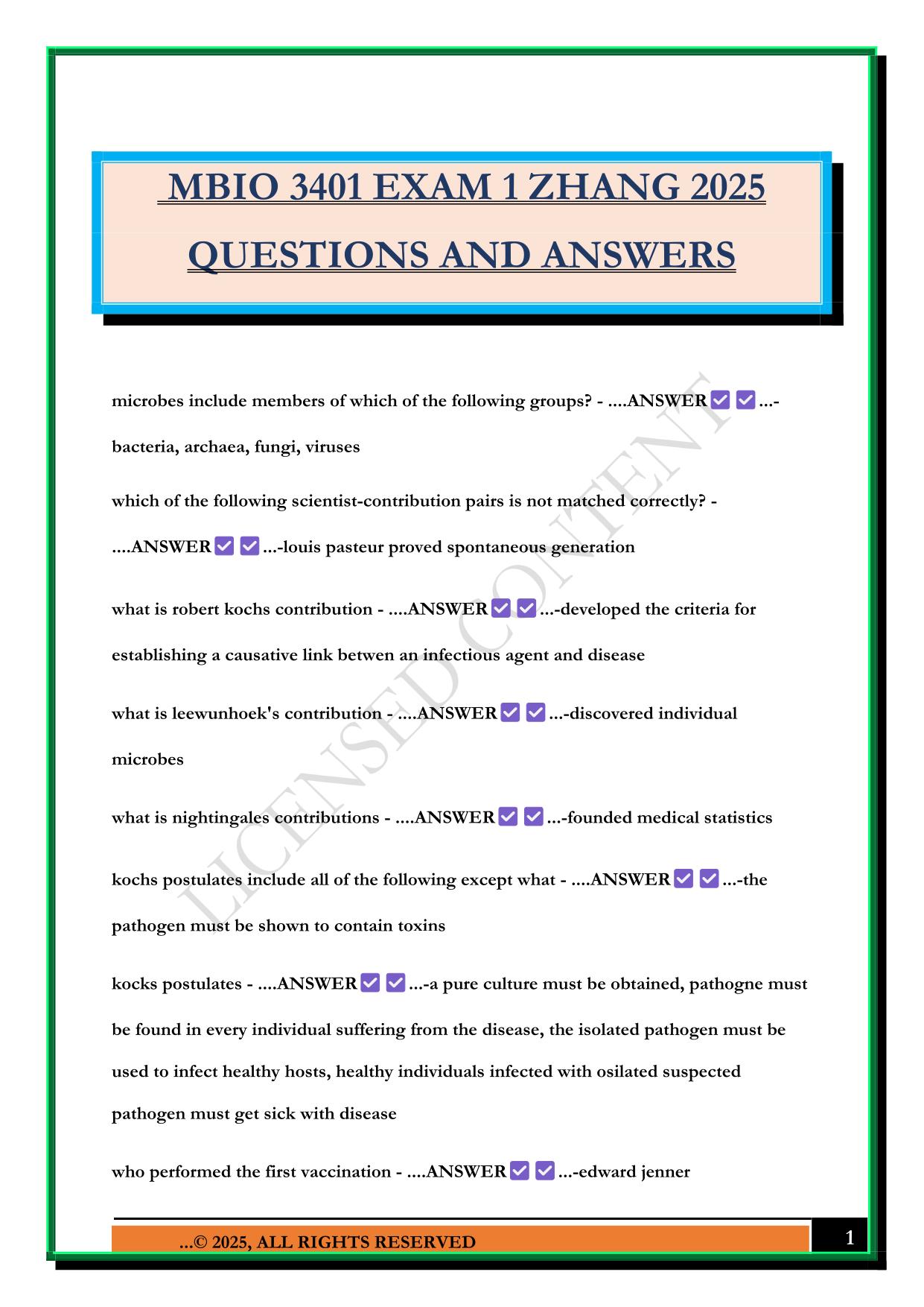 MBIO 3401 EXAM 1 ZHANG 2025 QUESTIONS AND ANSWERS