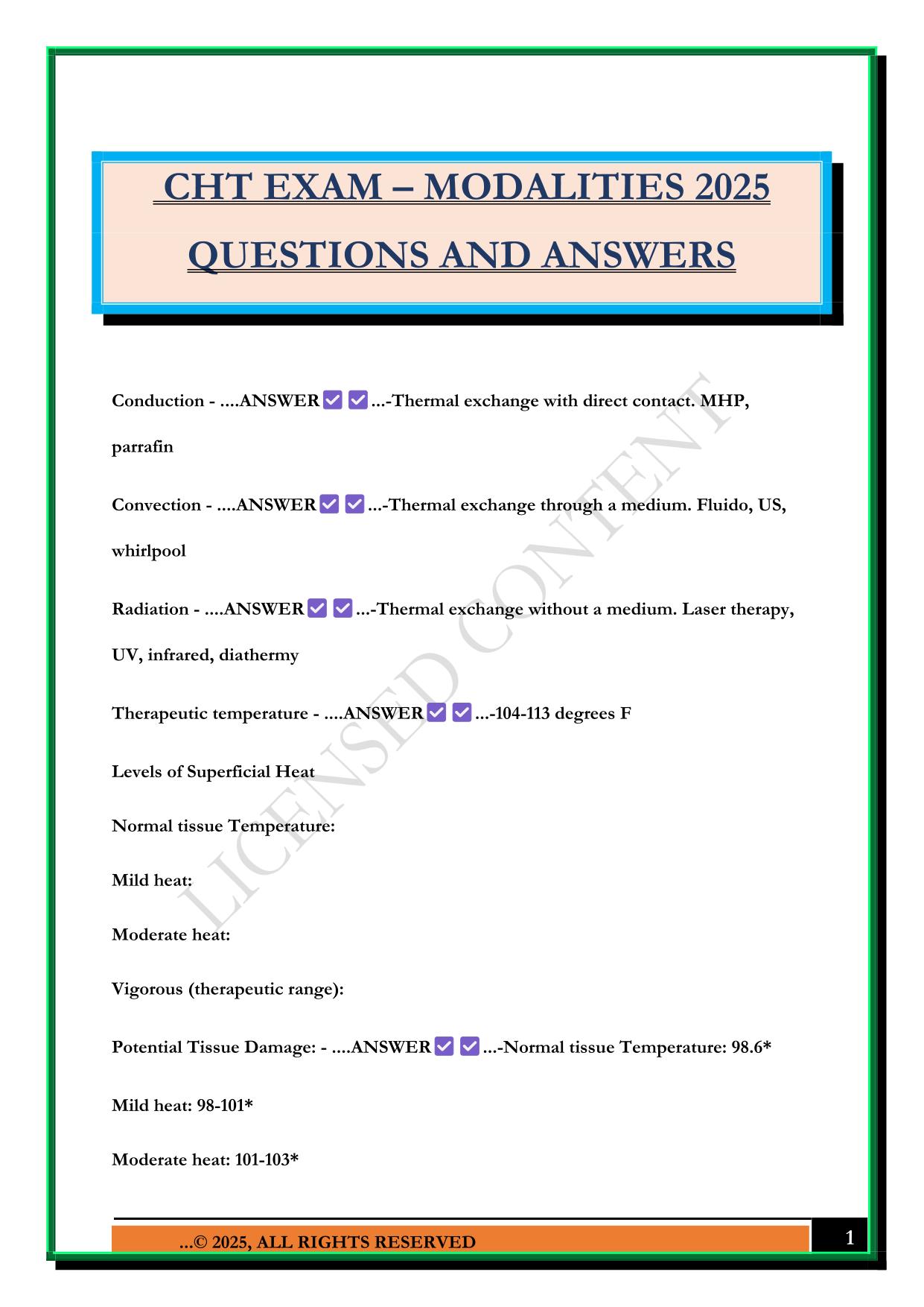 CHT EXAM – MODALITIES 2025 QUESTIONS AND ANSWERS