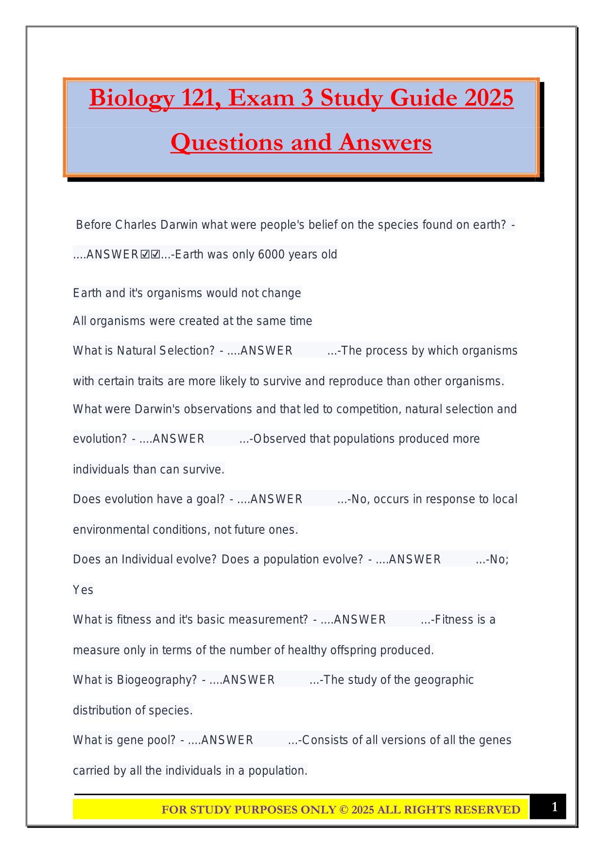 Biology 121, Exam 3 Study Guide 2025 Questions and Answers