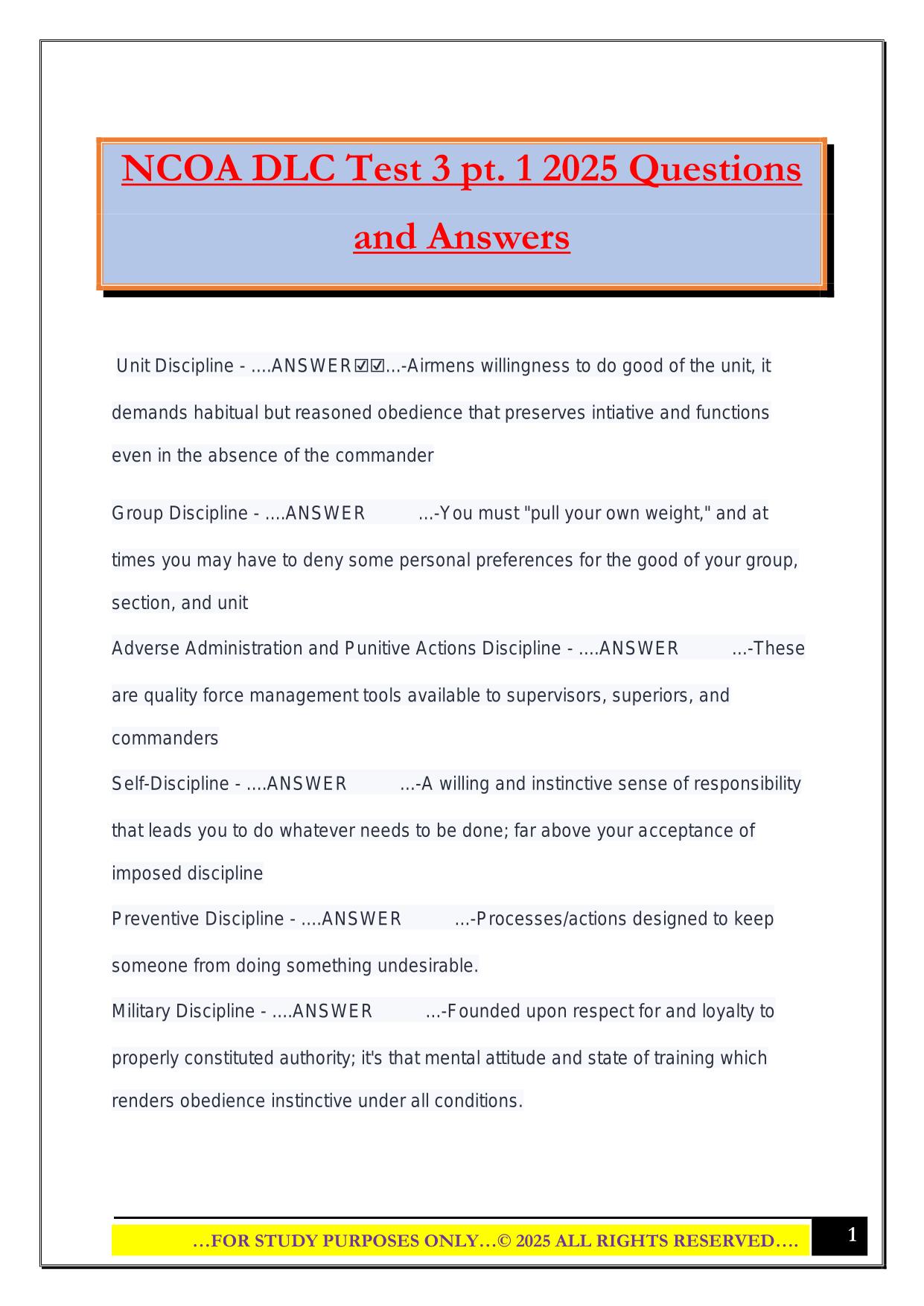 NCOA DLC Test 3 pt. 1 2025 Questions and Answers