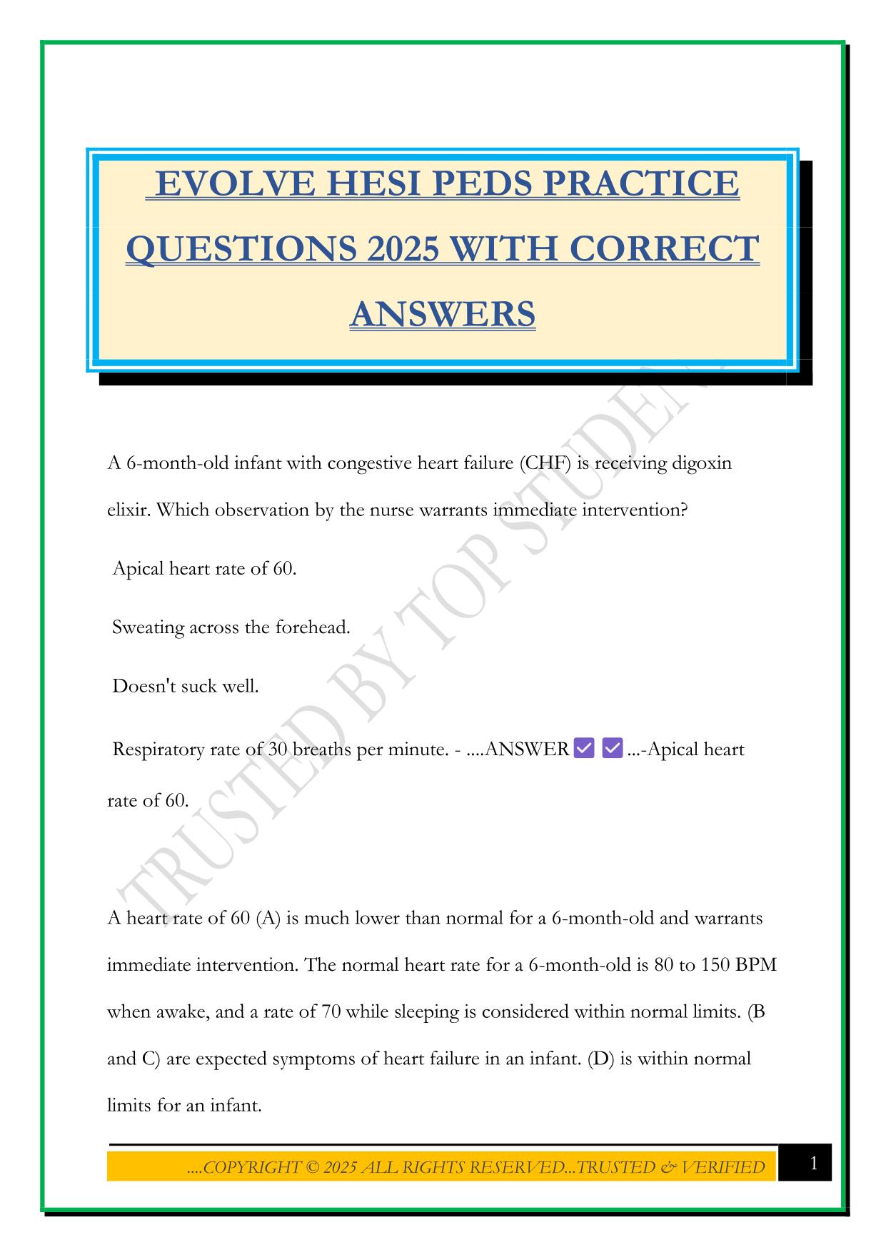 EVOLVE HESI PEDS PRACTICE QUESTIONS 2025 WITH CORRECT ANSWERS