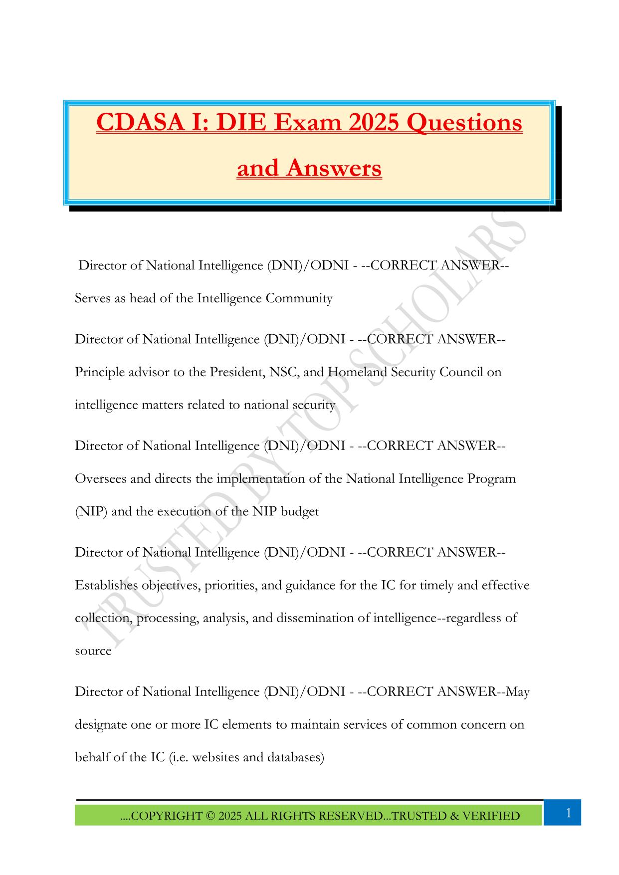 CDASA I: DIE Exam 2025 Questions and Answers
